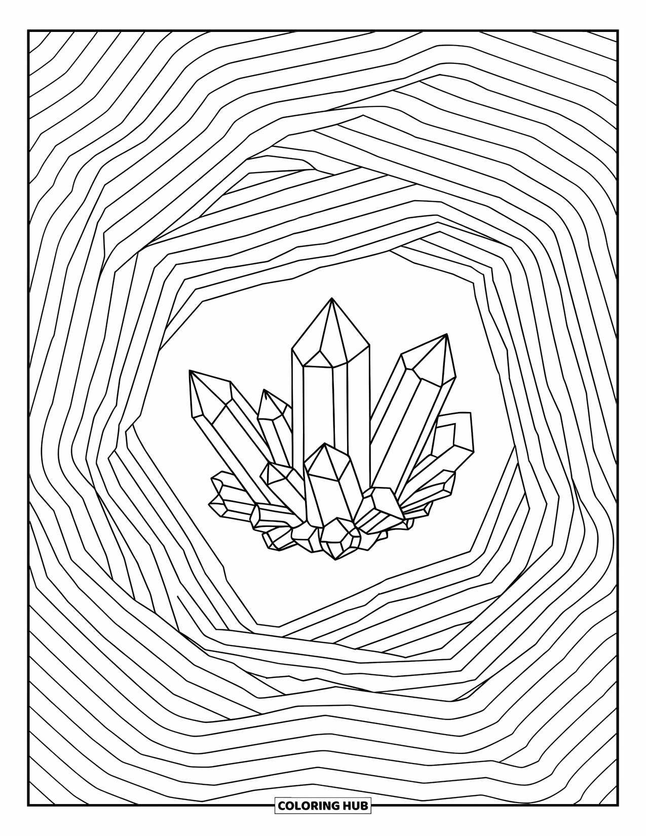 Aesthetic Trippy Coloring Page for Kids: Crystals rise from a swirl of layered geometric spirals