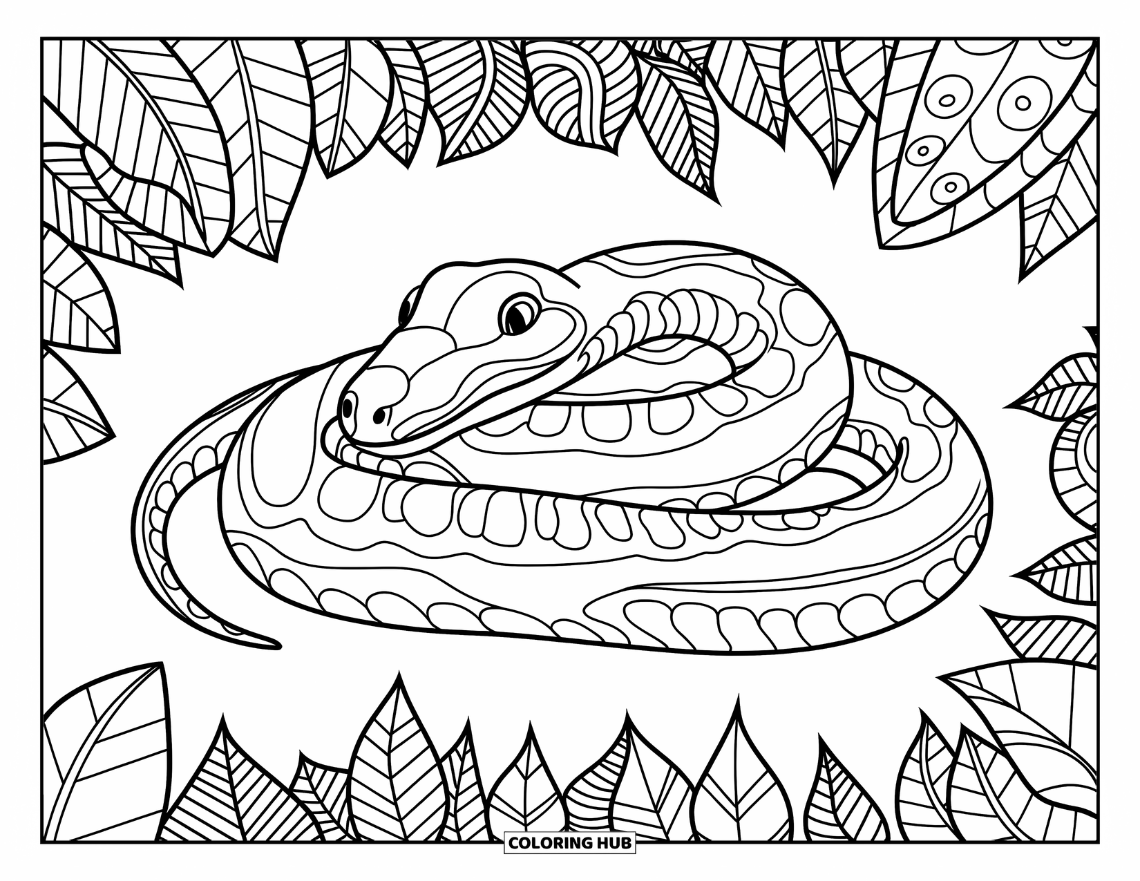 Anaconda Coloring Page for Adults: A coiled anaconda rests among zentangle rainforest designs