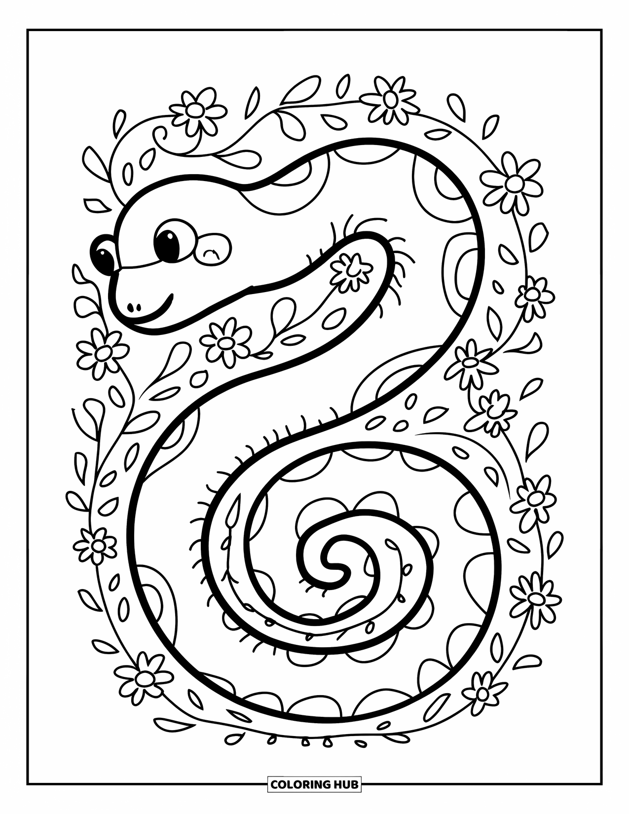 Anaconda Coloring Page for Adults: A cute anaconda curls into a spiral surrounded by flowers and vines