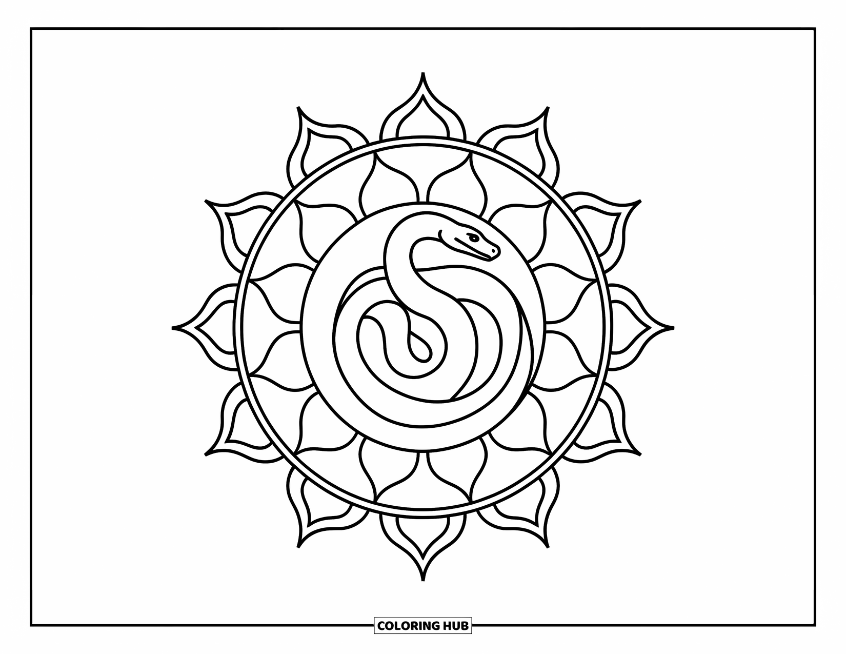 Anaconda Coloring Page for Adults: A mandala surrounds a neatly curled anaconda