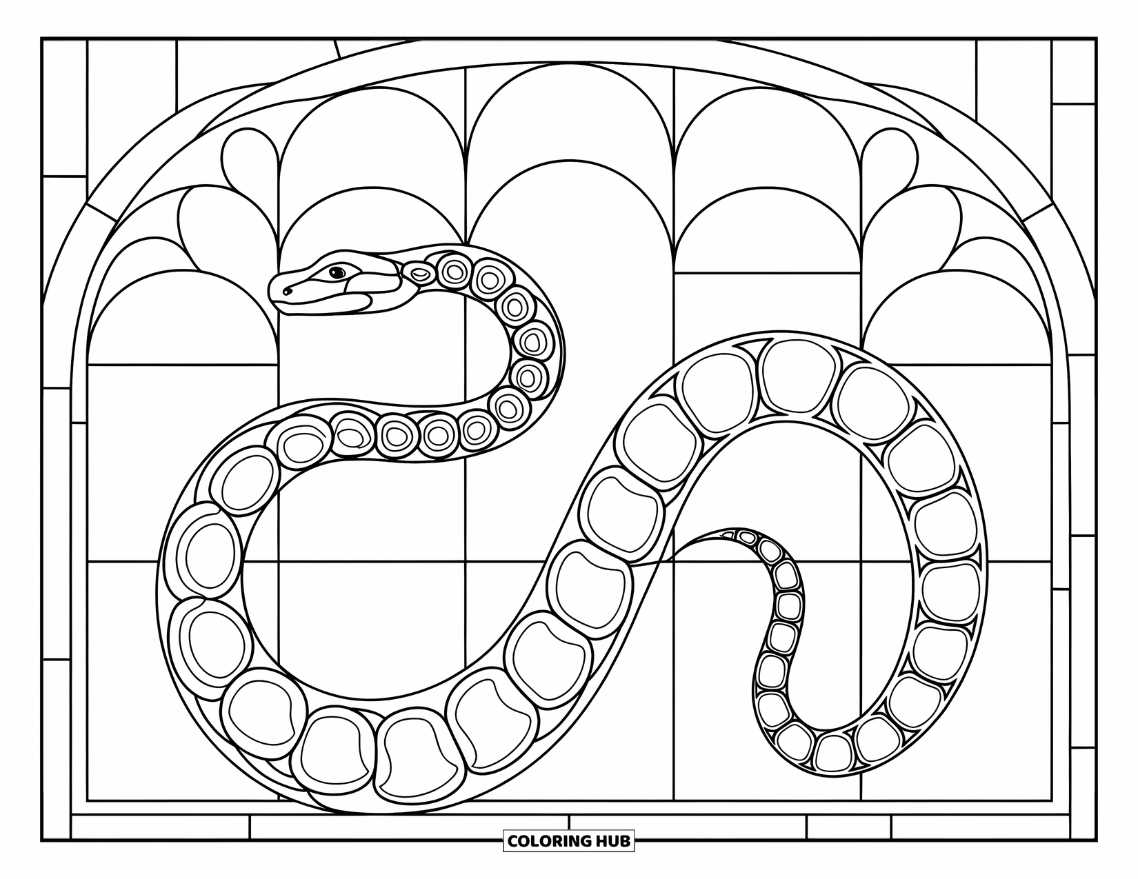 Anaconda Coloring Page for Adults: An anaconda curves gently across rounded window-like panels