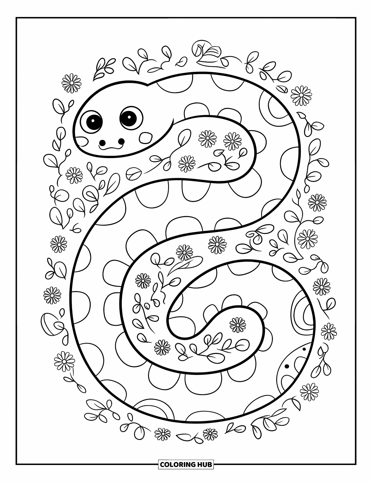 Anaconda Coloring Page for Adults: An anaconda forms a spiral mandala surrounded by vines and blossoms