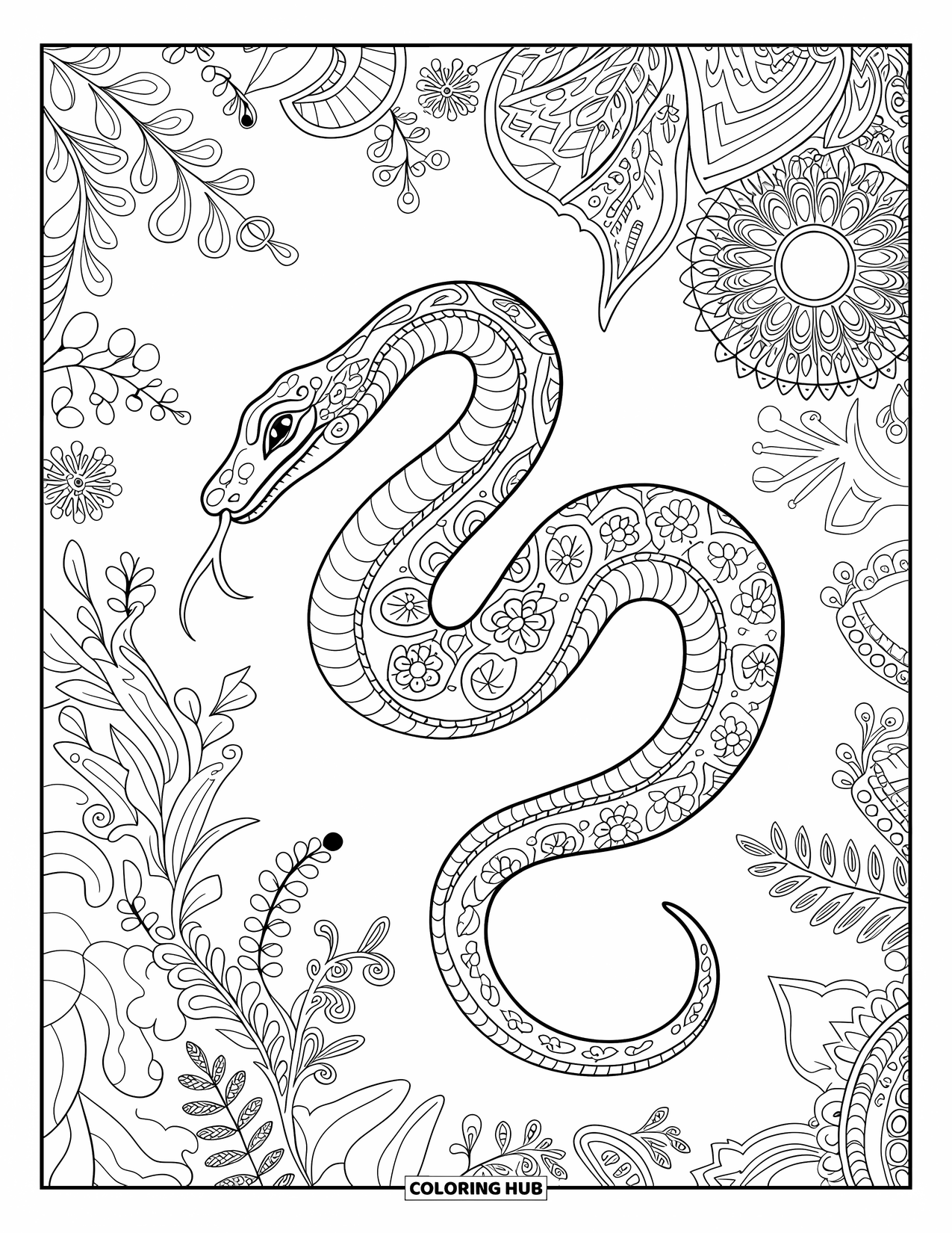Anaconda Coloring Page for Adults: An artistic anaconda flows through floral and fern patterns