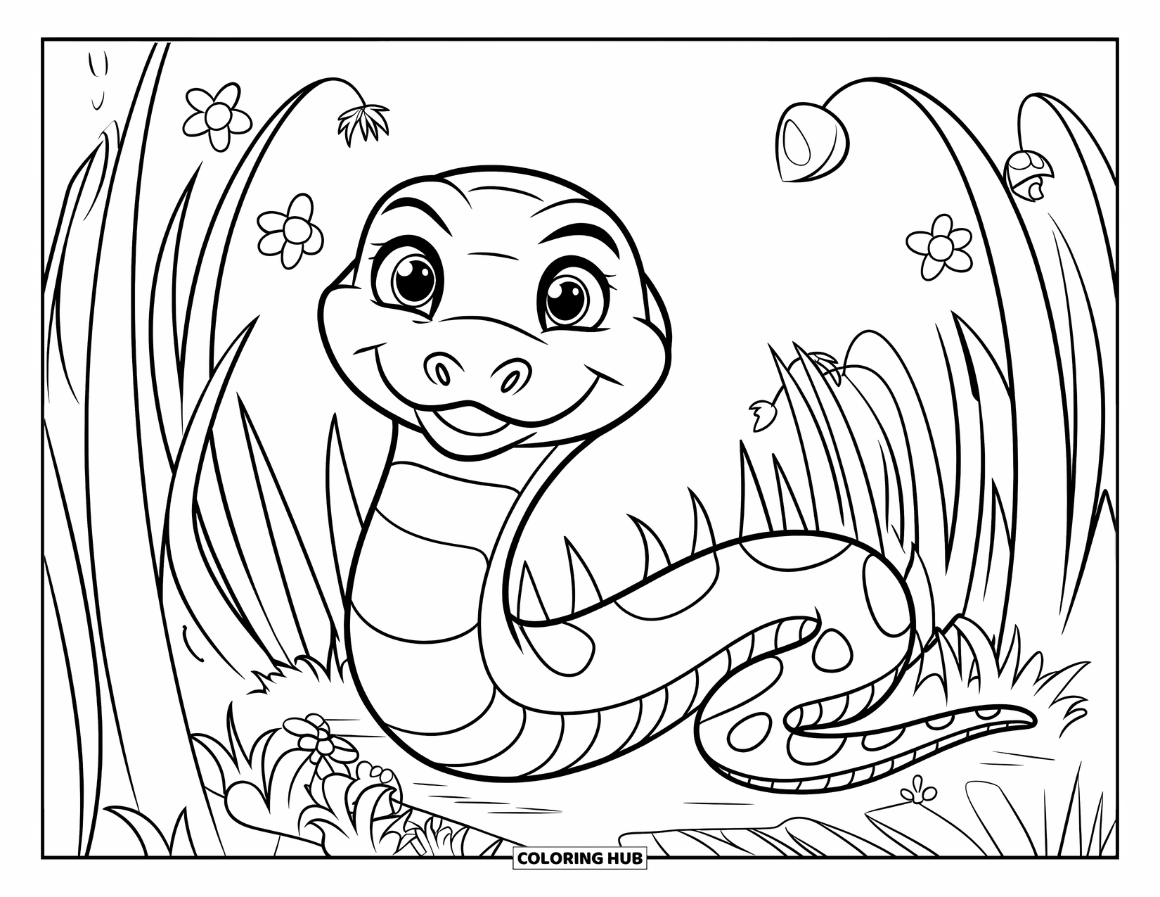 Anaconda Coloring Page for Kids: A cheerful anaconda with big eyes slides through grassy hills