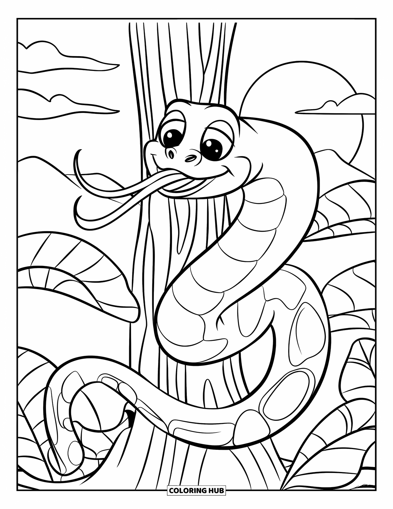 Anaconda Coloring Page for Kids: A smiling anaconda coils around a tree under a setting sun