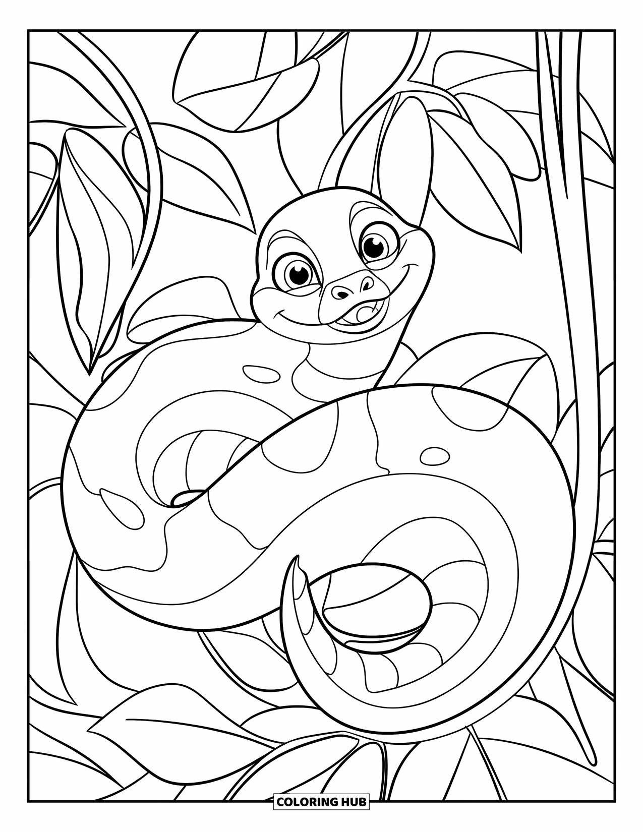 Anaconda Coloring Page for Kids: A smiling anaconda curls around a leafy rainforest vine