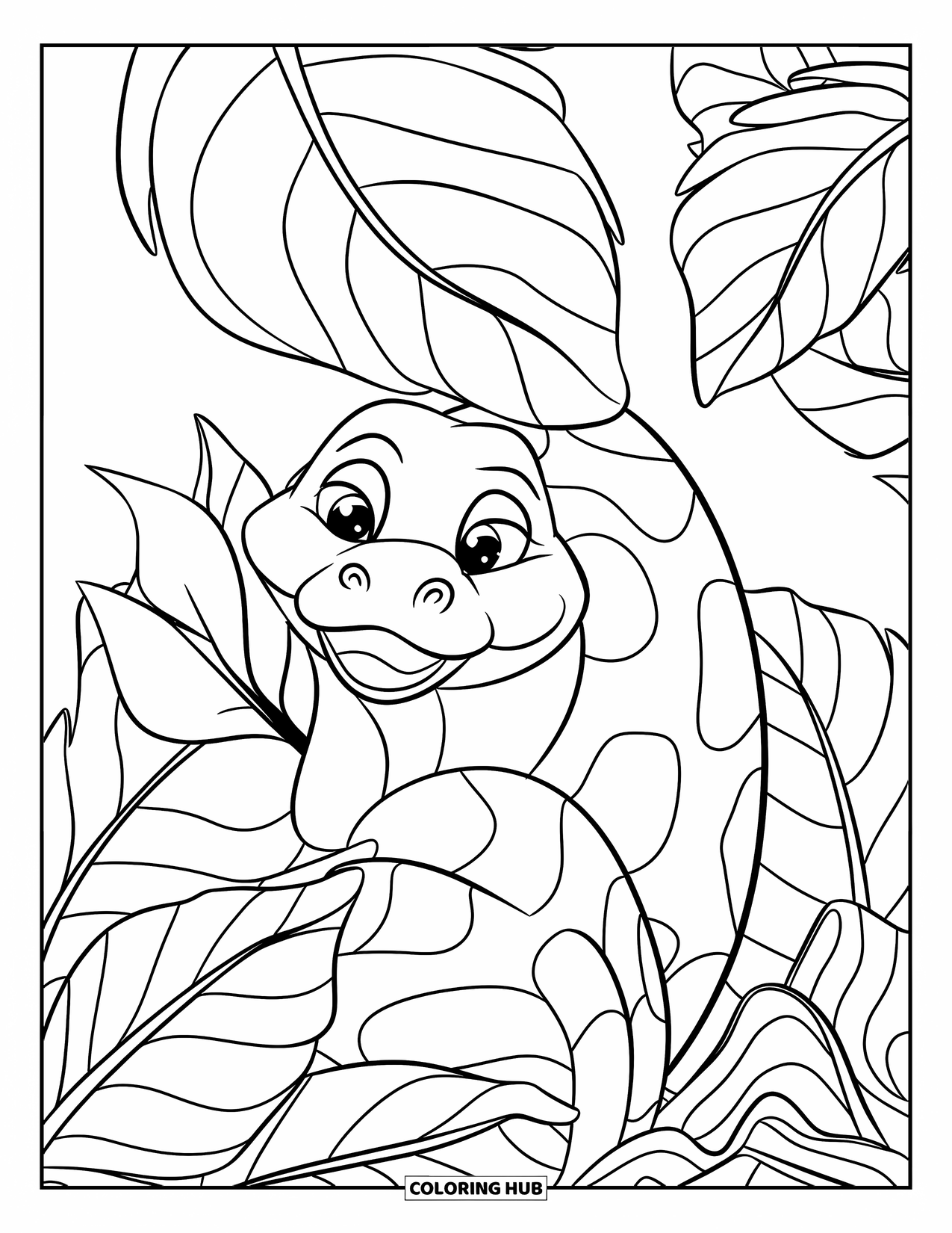 Anaconda Coloring Page for Kids: A smiling anaconda hides behind a large jungle leaf