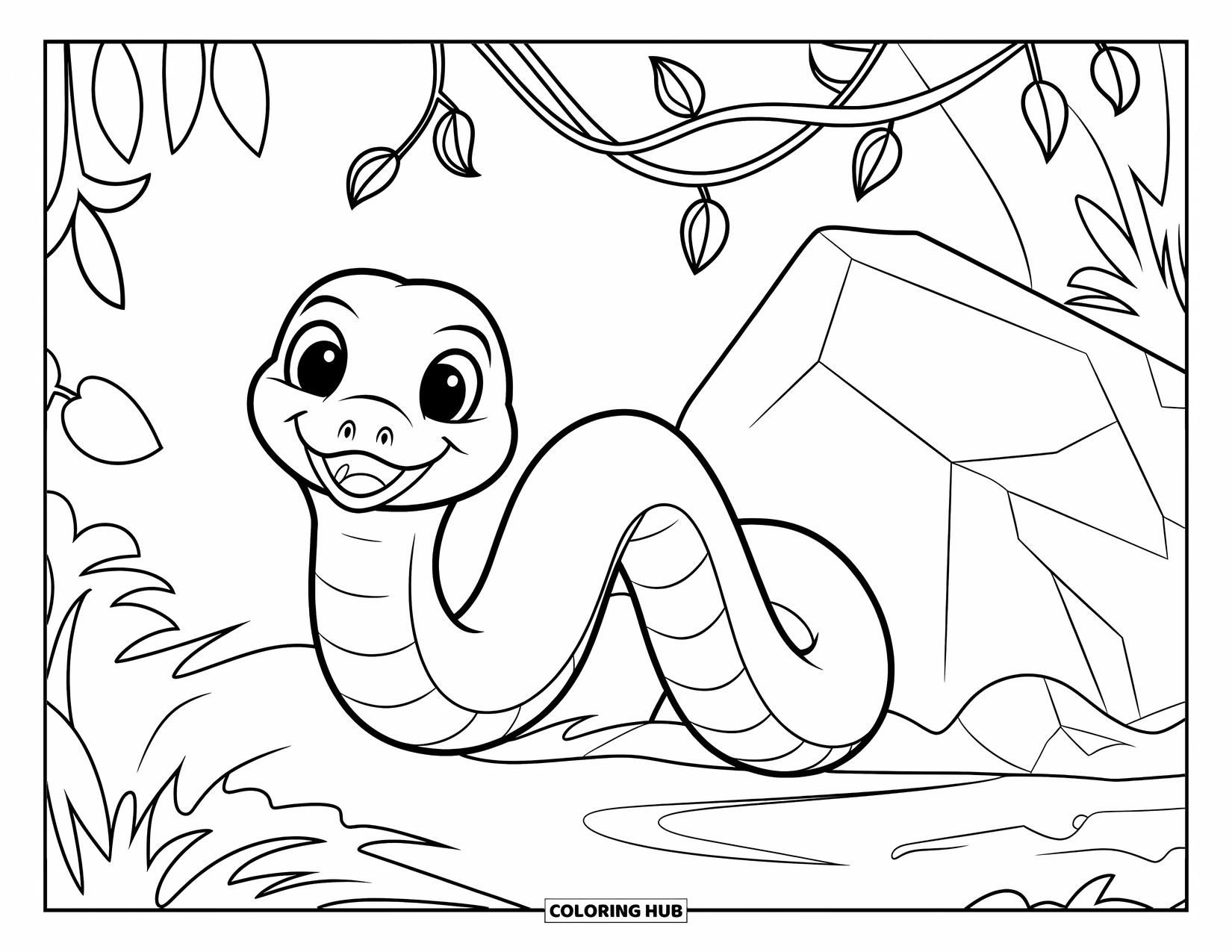 Anaconda Coloring Page for Kids: A smiling anaconda slithers past a rock surrounded by leaves