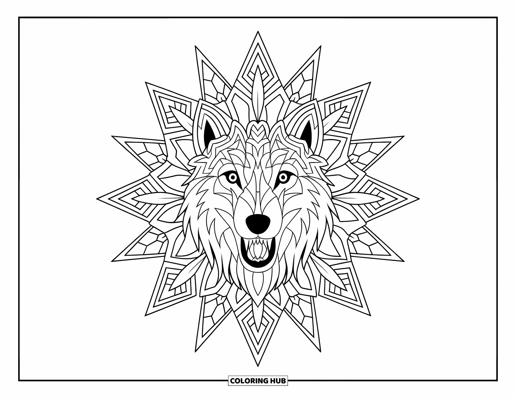 Arctic Animals Coloring Page for Adults: A fierce arctic wolf face embedded in a mandala of shards and frozen petals