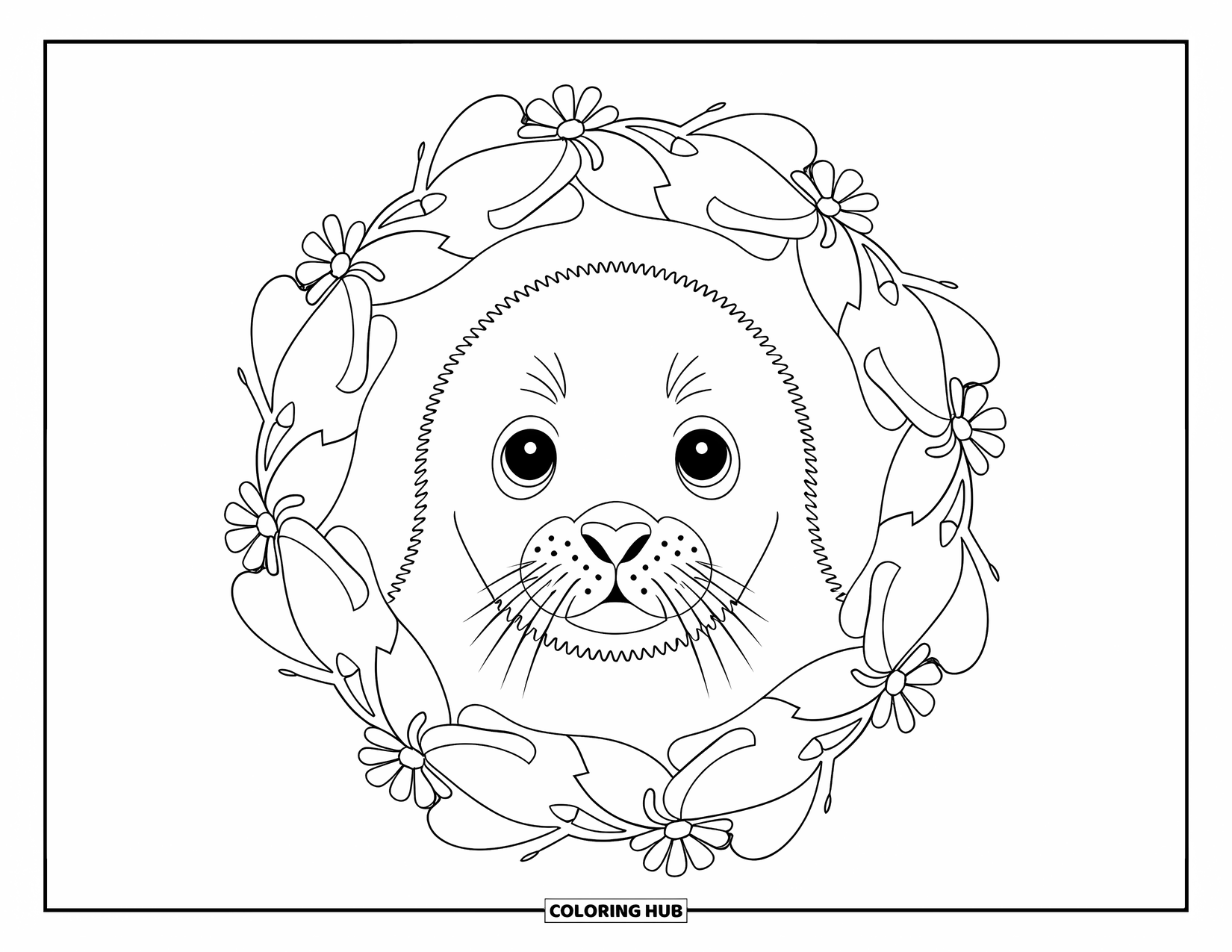 Arctic Animals Coloring Page for Adults: A harp seal pup centered in a wreath of frozen blooms and soft shapes