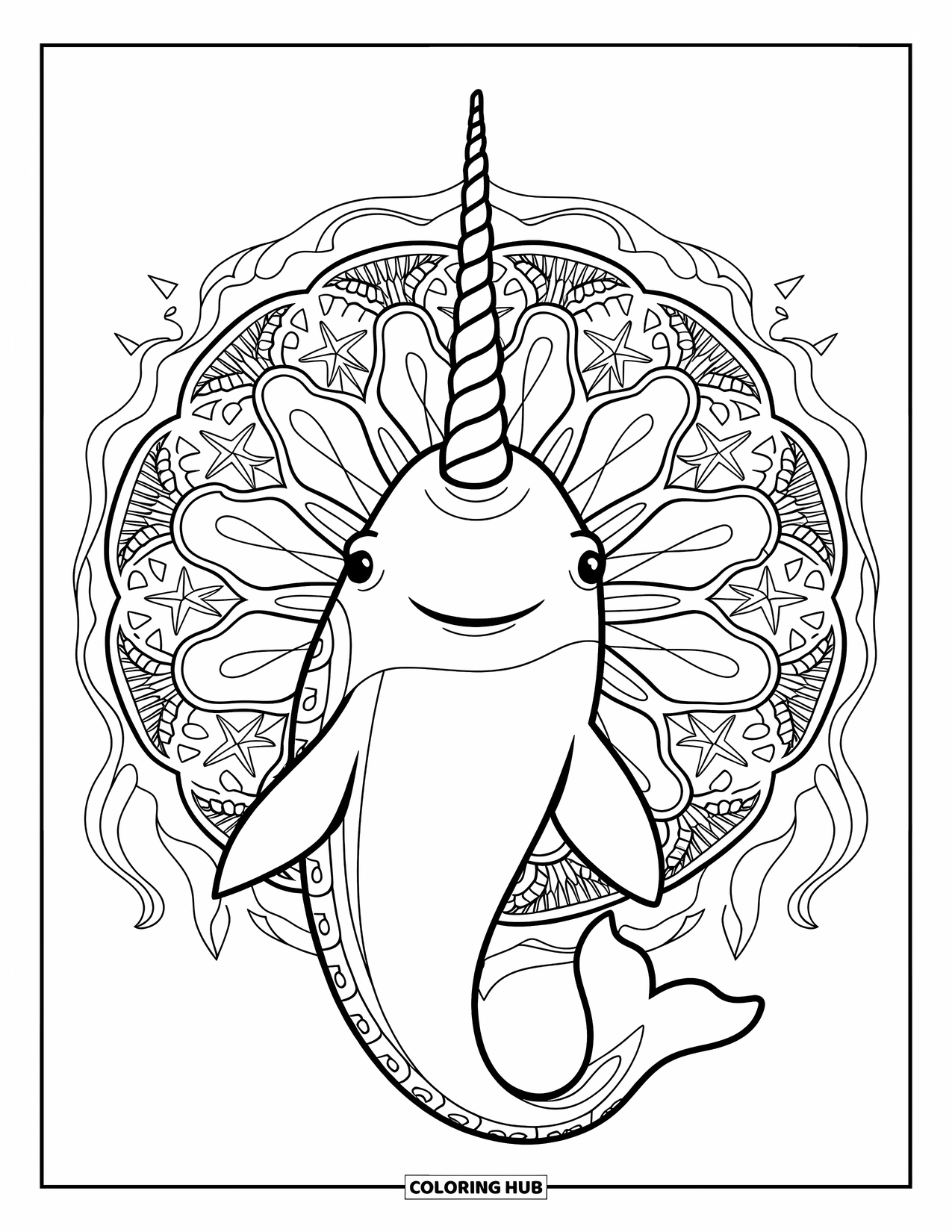 Arctic Animals Coloring Page for Adults: A narwhal swims through a mandala of sea stars and frozen waves