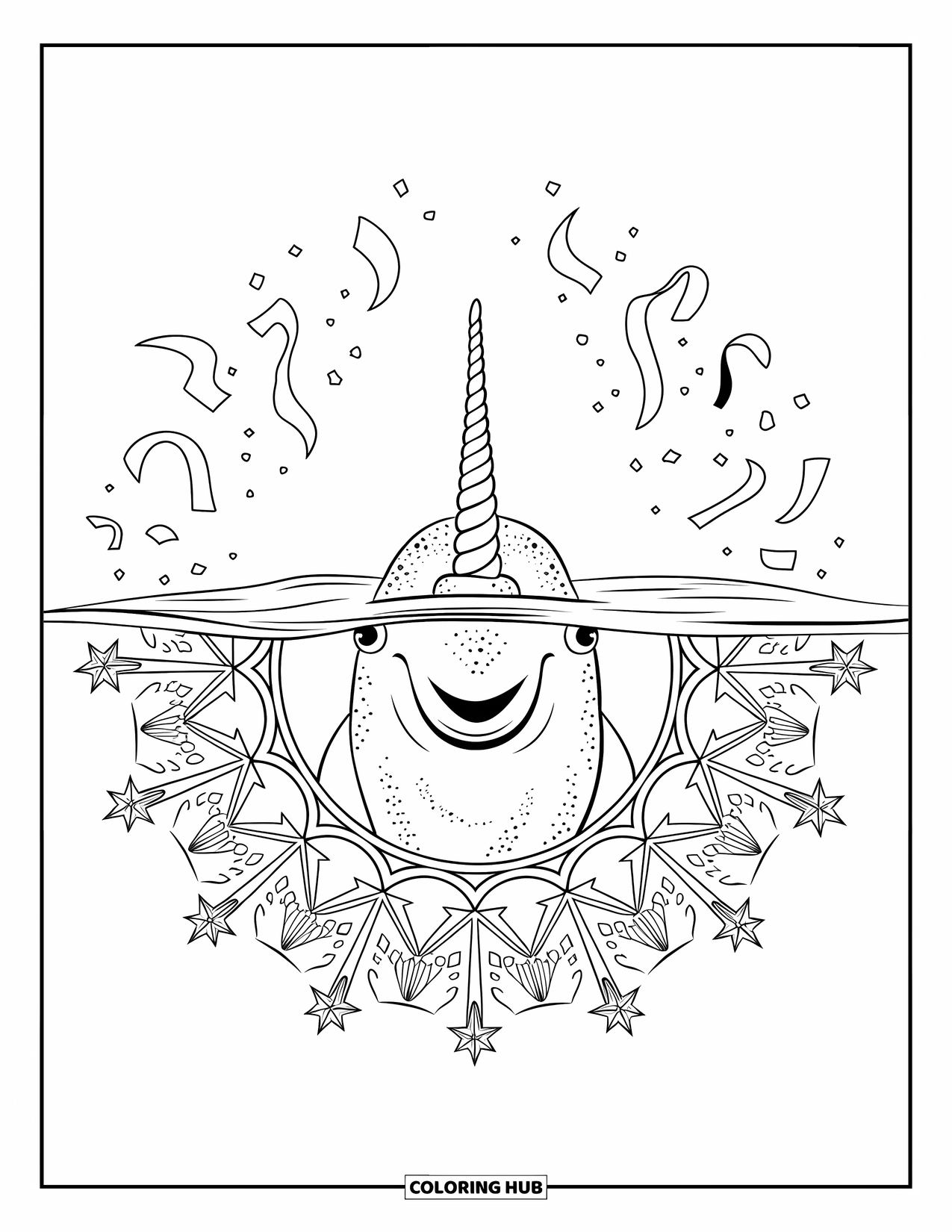 Arctic Animals Coloring Page for Adults: A narwhal with an upward tusk encircled by arctic kelp and ribbons