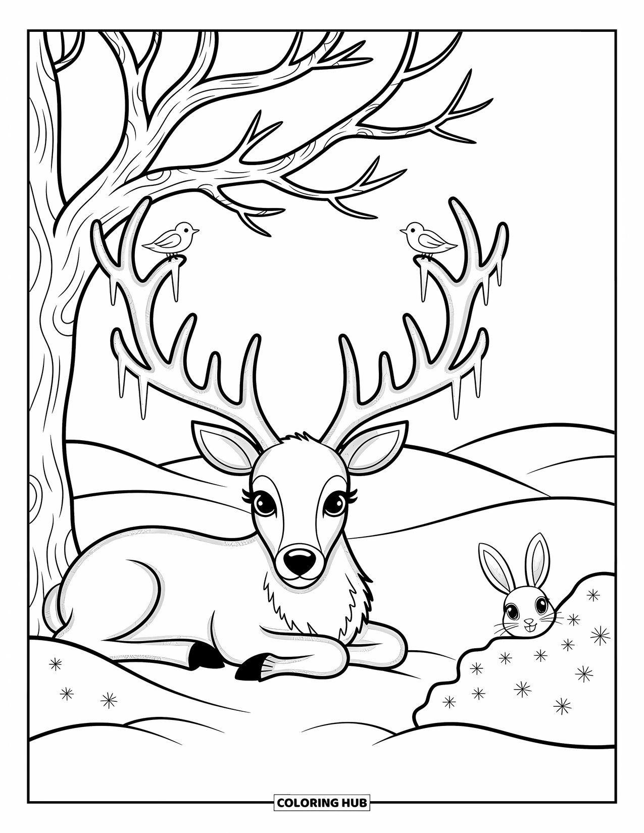 Arctic Animals Coloring Page for Adults: A peaceful reindeer rests beneath frosty branches and winter birds