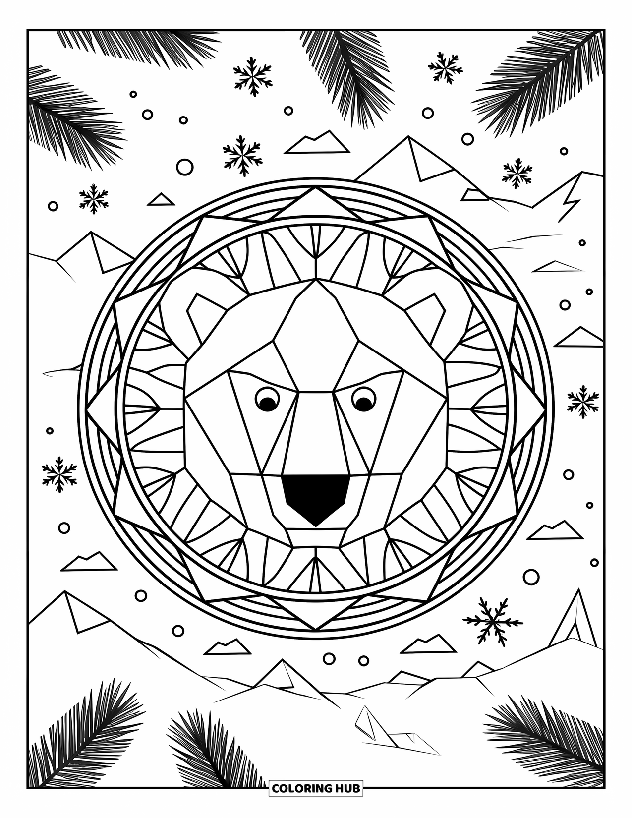 Arctic Animals Coloring Page for Adults: A polar bear's face surrounded by snowflakes and frozen pine arcs