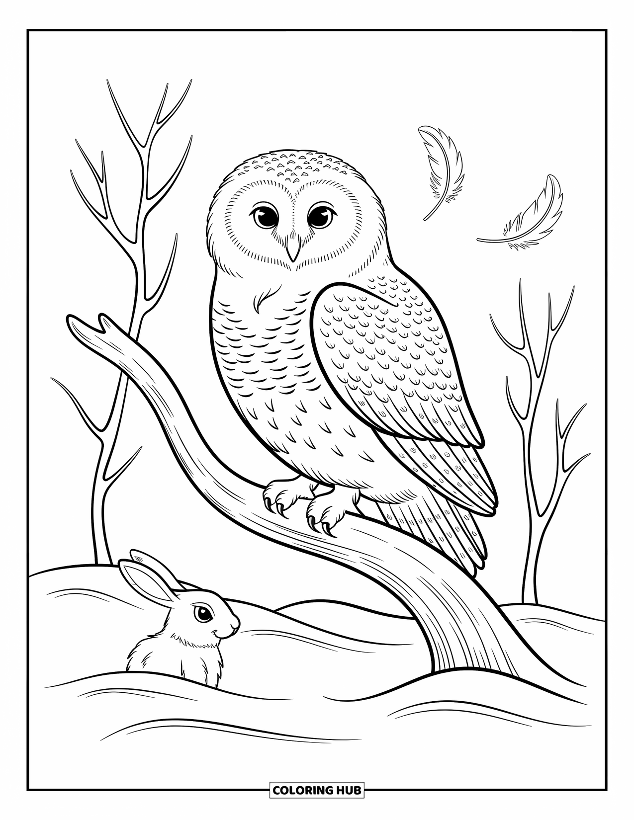 Arctic Animals Coloring Page for Adults: A snowy owl perches on driftwood as a hare and squirrel peek out
