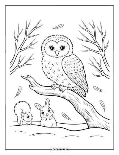 Yetişkinler için Kutup Hayvanları Boyama Sayfası: Karlı bir baykuş, küçük hayvanlar karlı yığınlardan gözetlerken dinleniyor