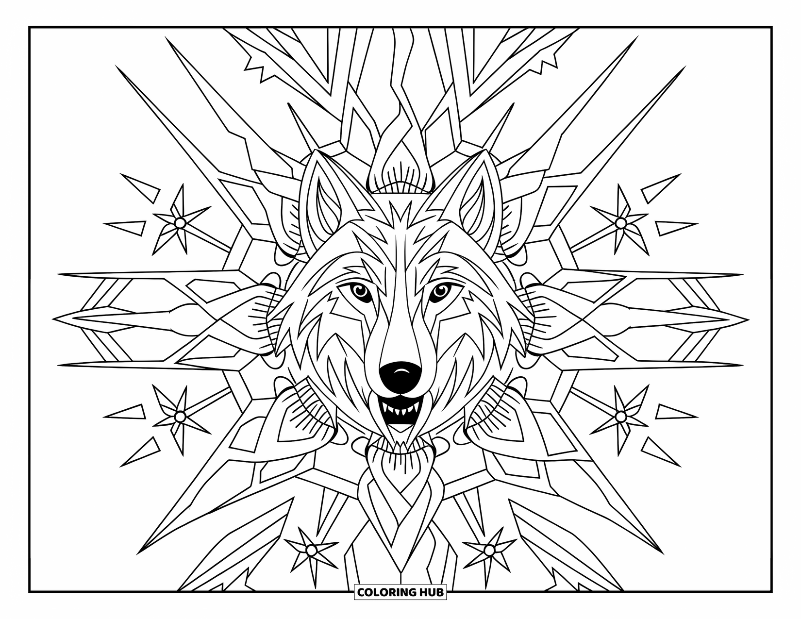 Arctic Animals Coloring Page for Adults: A wolf howling within a circular mandala of icy flowers and wind patterns