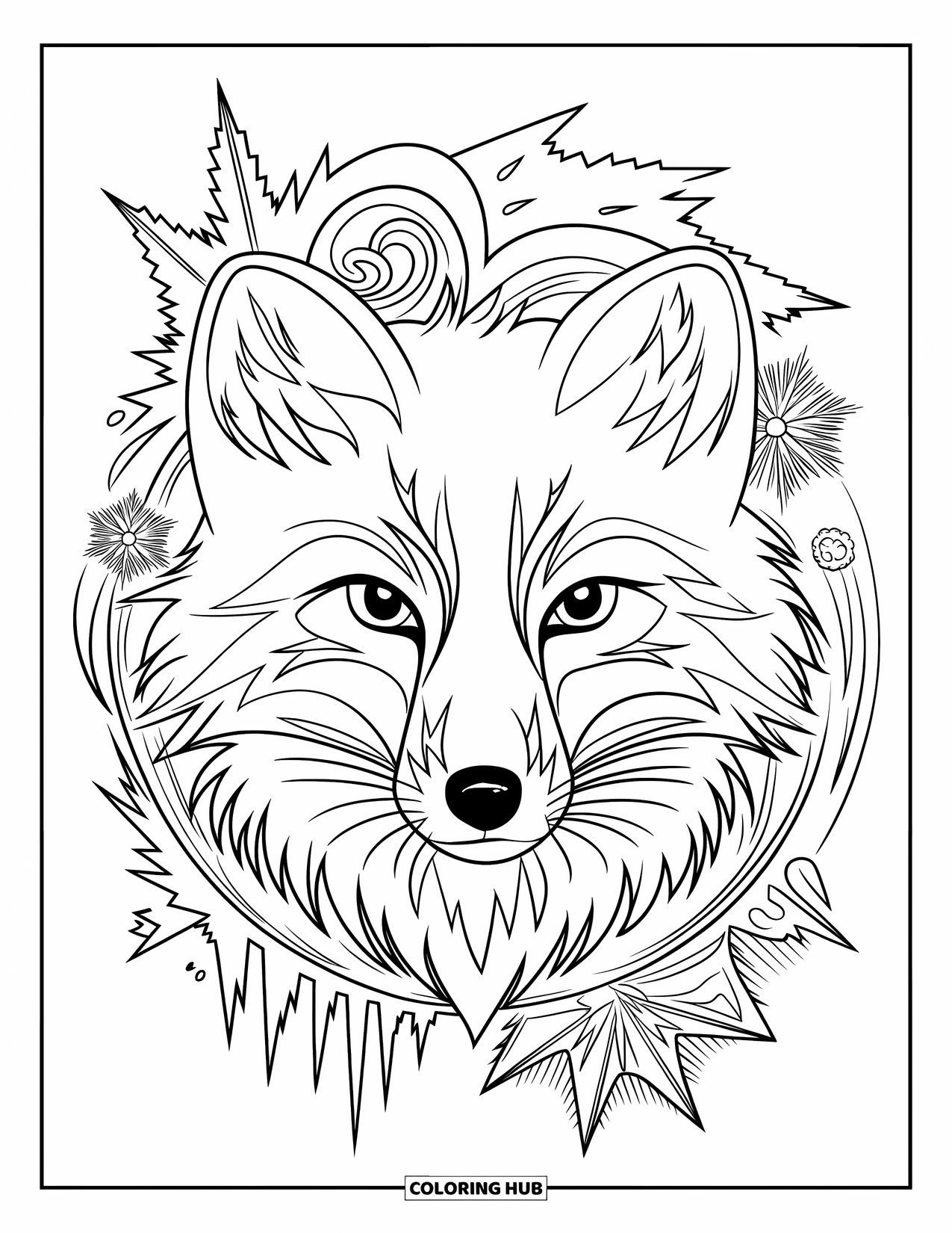 Arctic Animals Coloring Page for Adults: An arctic fox face surrounded by swirling frost and snowflower mandala