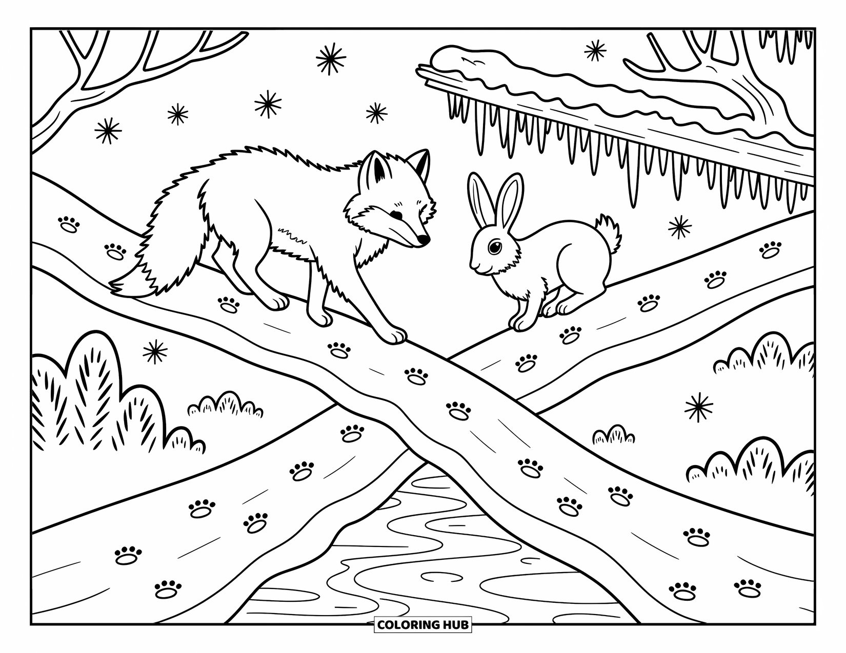 Arctic Animals Coloring Page for Adults: An arctic fox greets a snow hare at a snowy trail's divide