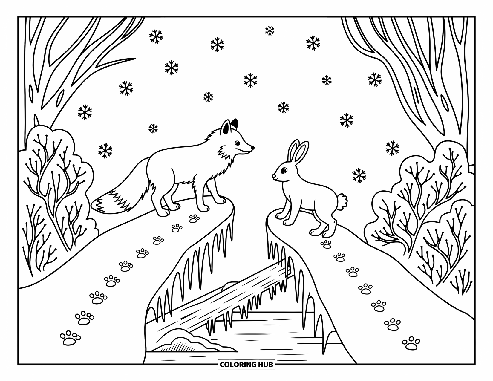 Arctic Animals Coloring Page for Adults: An arctic fox meets a curious hare on a snowy forked path