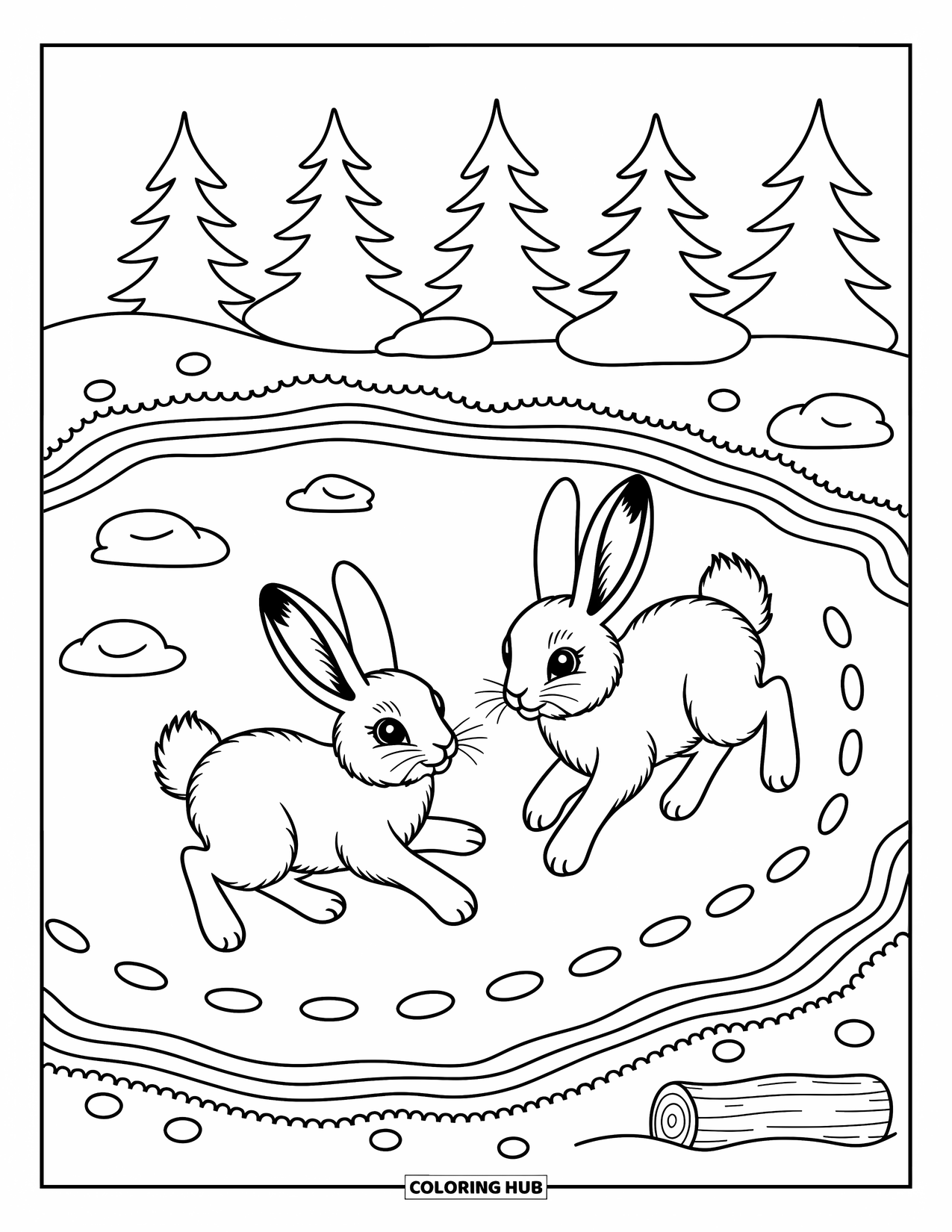 Arctic Animals Coloring Page for Adults: Two hares race around a frozen pond beneath falling snow