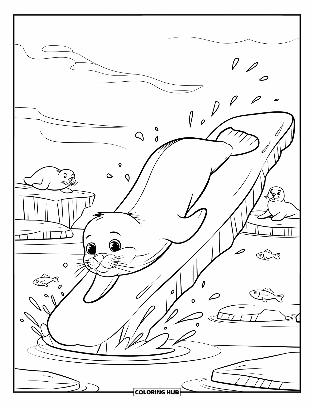 Arctic Animals Coloring Page for Kids: A baby seal splashes joyfully down an icy slide