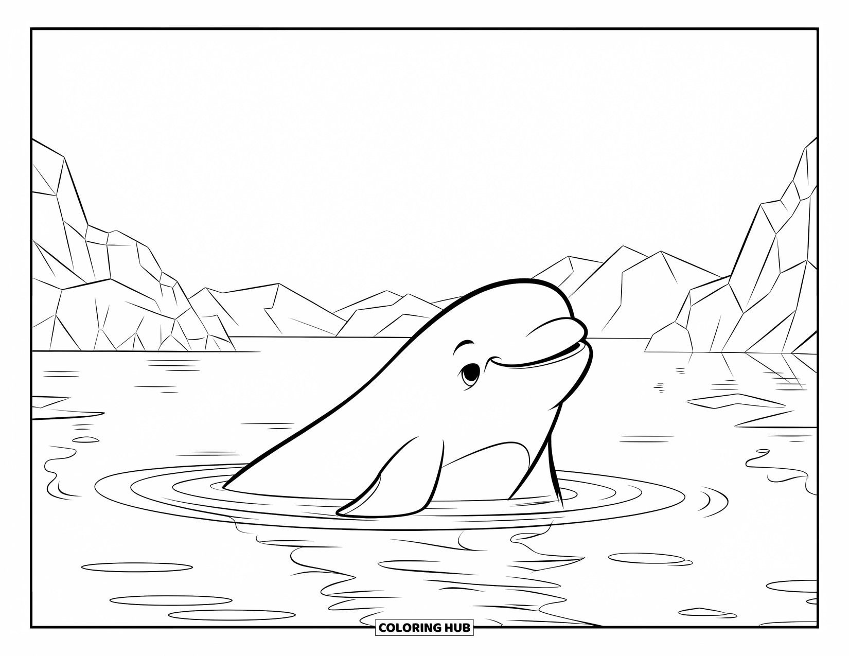 Arctic Animals Coloring Page for Kids: A beluga whale glides between icebergs under starry skies