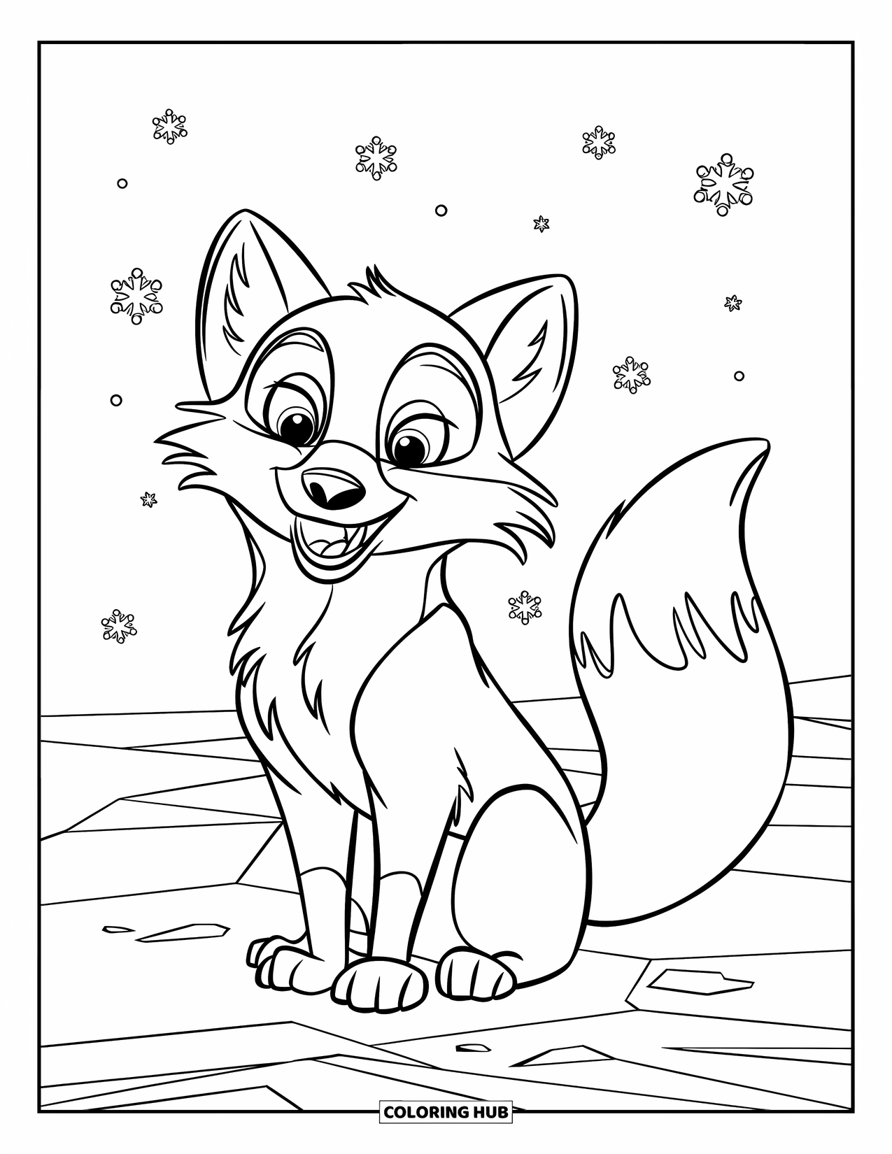 Arctic Animals Coloring Page for Kids: A cheerful arctic fox sits on frozen ground as snow falls