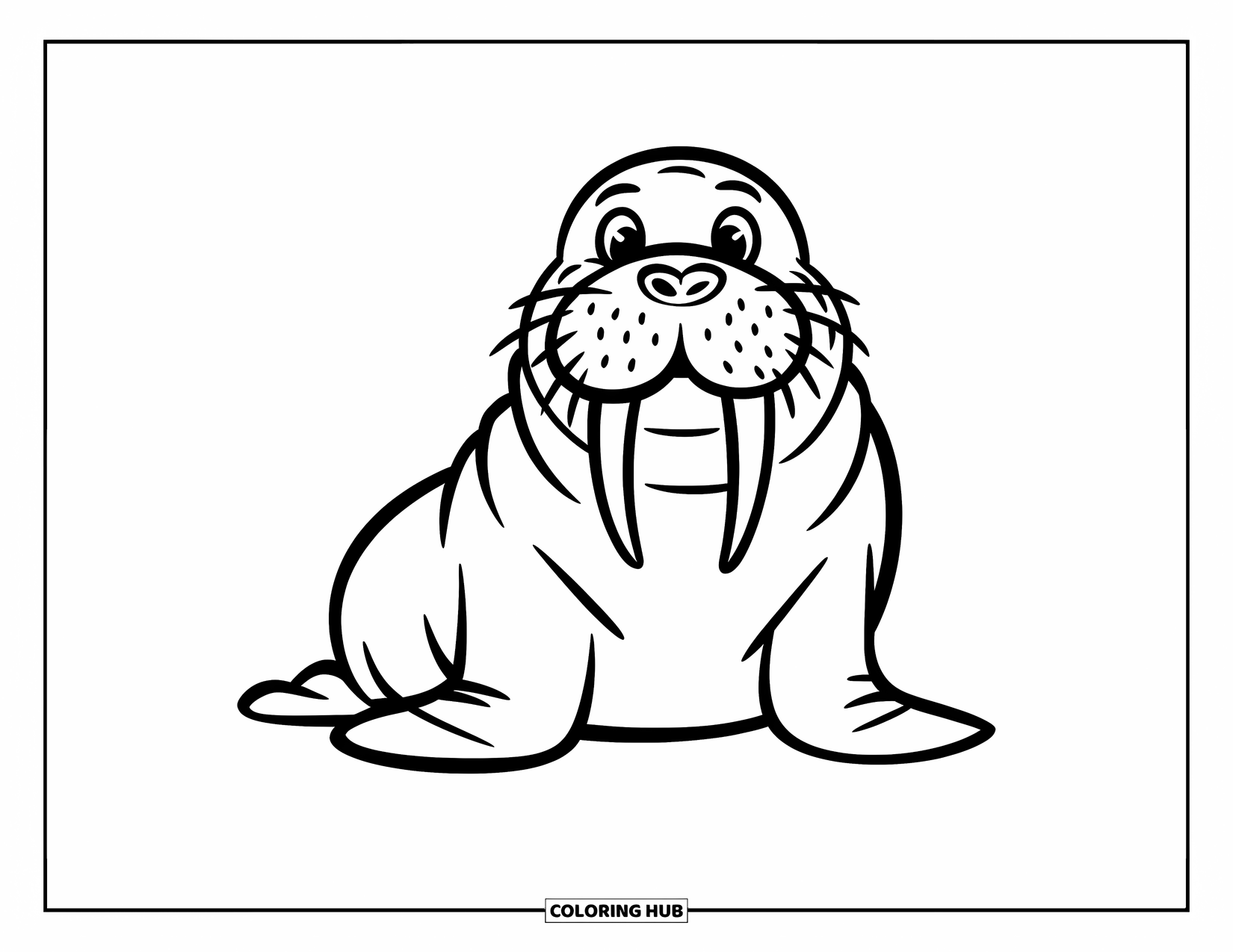 Arctic Animals Coloring Page for Kids: A cheerful walrus with tusks lounges on frozen ground