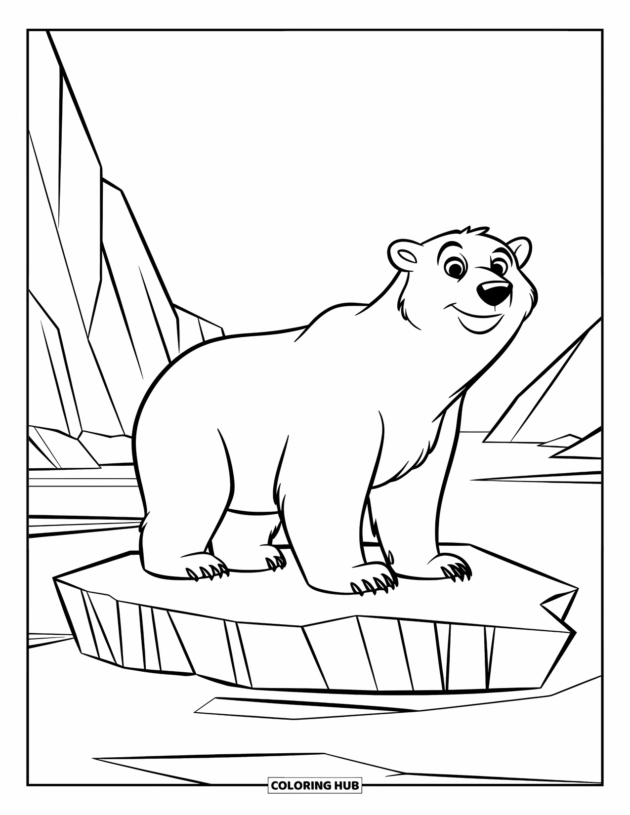 Arctic Animals Coloring Page for Kids: A curious bear stands on an icy platform under soft clouds