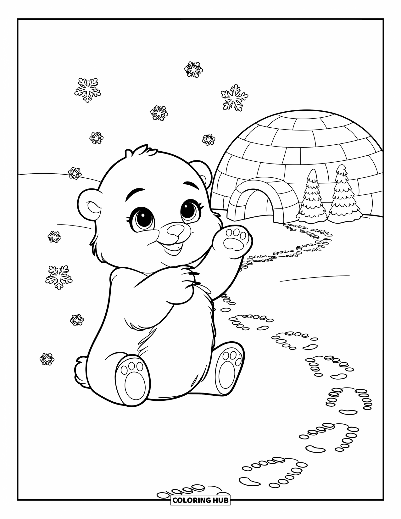Arctic Animals Coloring Page for Kids: A fluffy polar bear cub plays by a small igloo