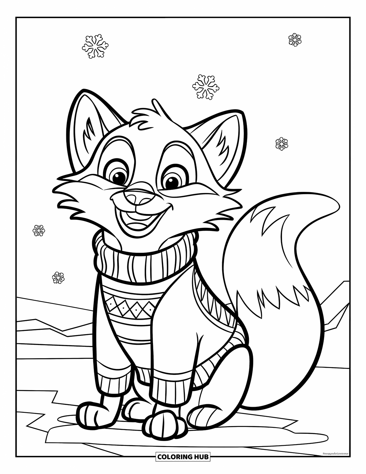Arctic Animals Coloring Page for Kids: A fox in a striped sweater sits beneath falling snow