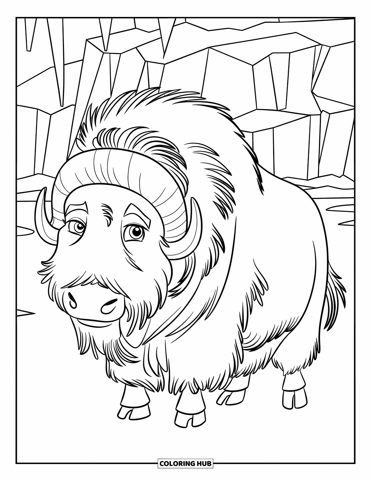 Arctic Animals Coloring Page for Kids: A musk ox with thick fur faces the icy cliffs