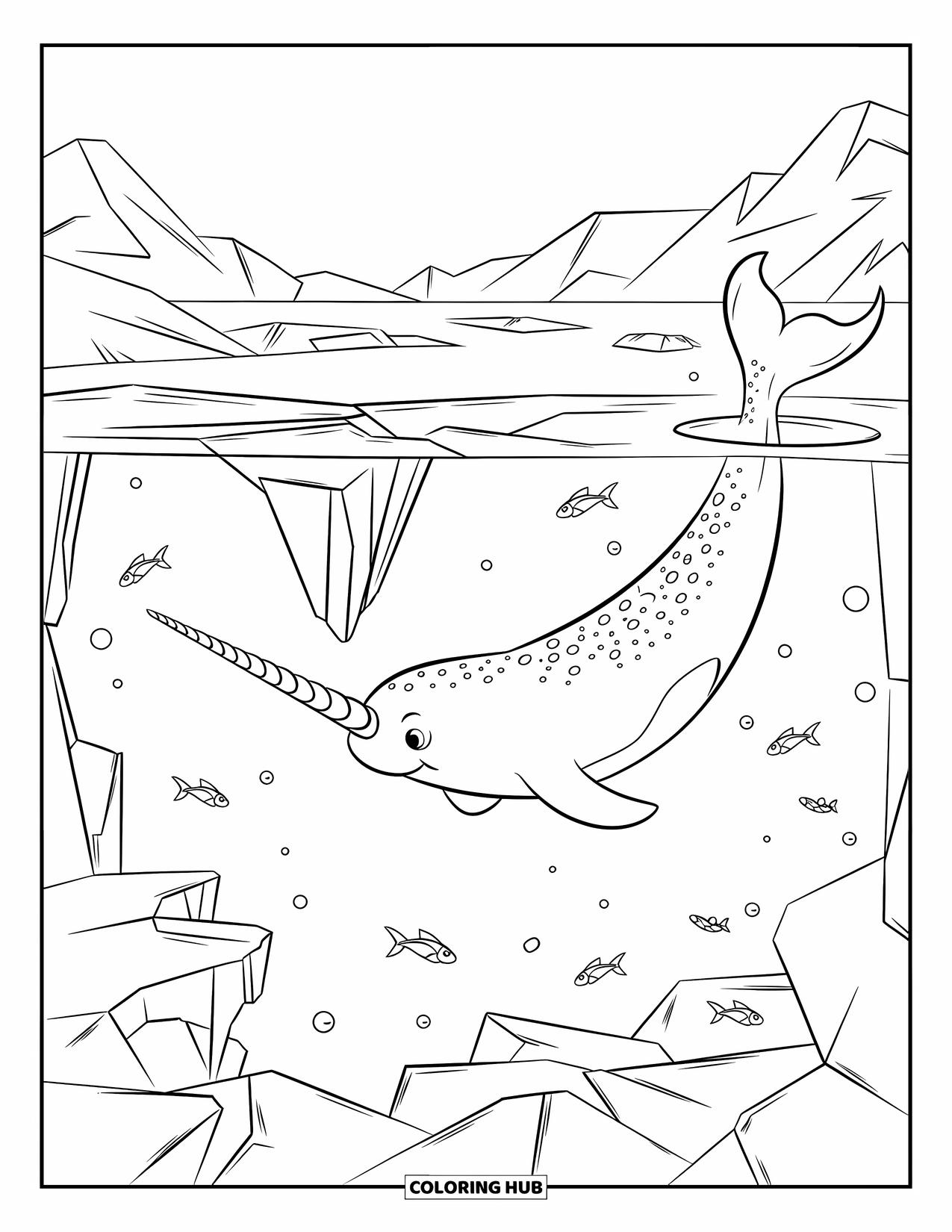 Arctic Animals Coloring Page for Kids: A narwhal circles through Arctic depths beneath floating ice