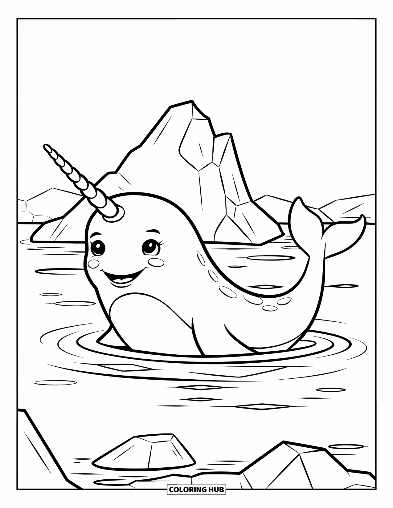 Arctic Animals Coloring Page for Kids: A narwhal swims calmly past a towering iceberg