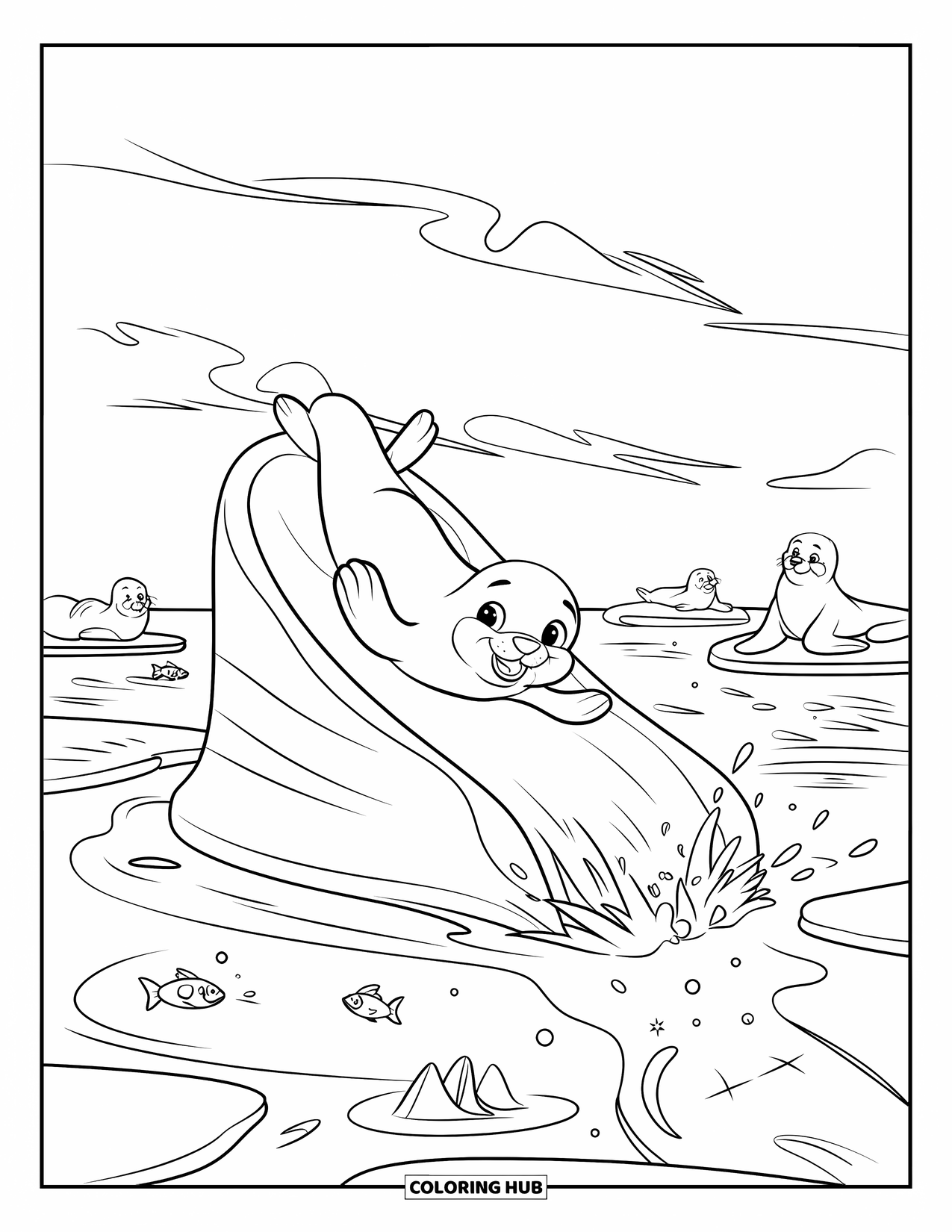 Arctic Animals Coloring Page for Kids: A playful young seal slides belly-first down an icy slope