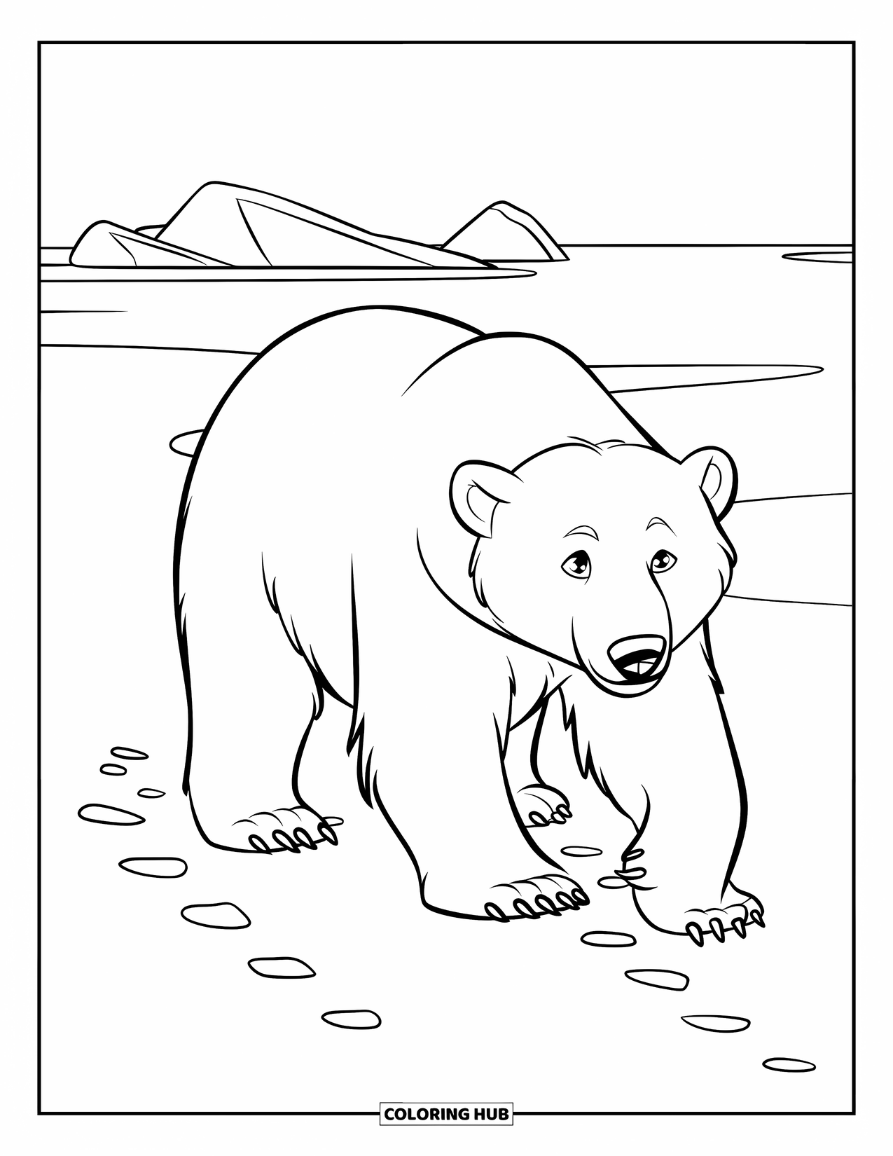 Arctic Animals Coloring Page for Kids: A polar bear pads through snow, paw prints trailing behind