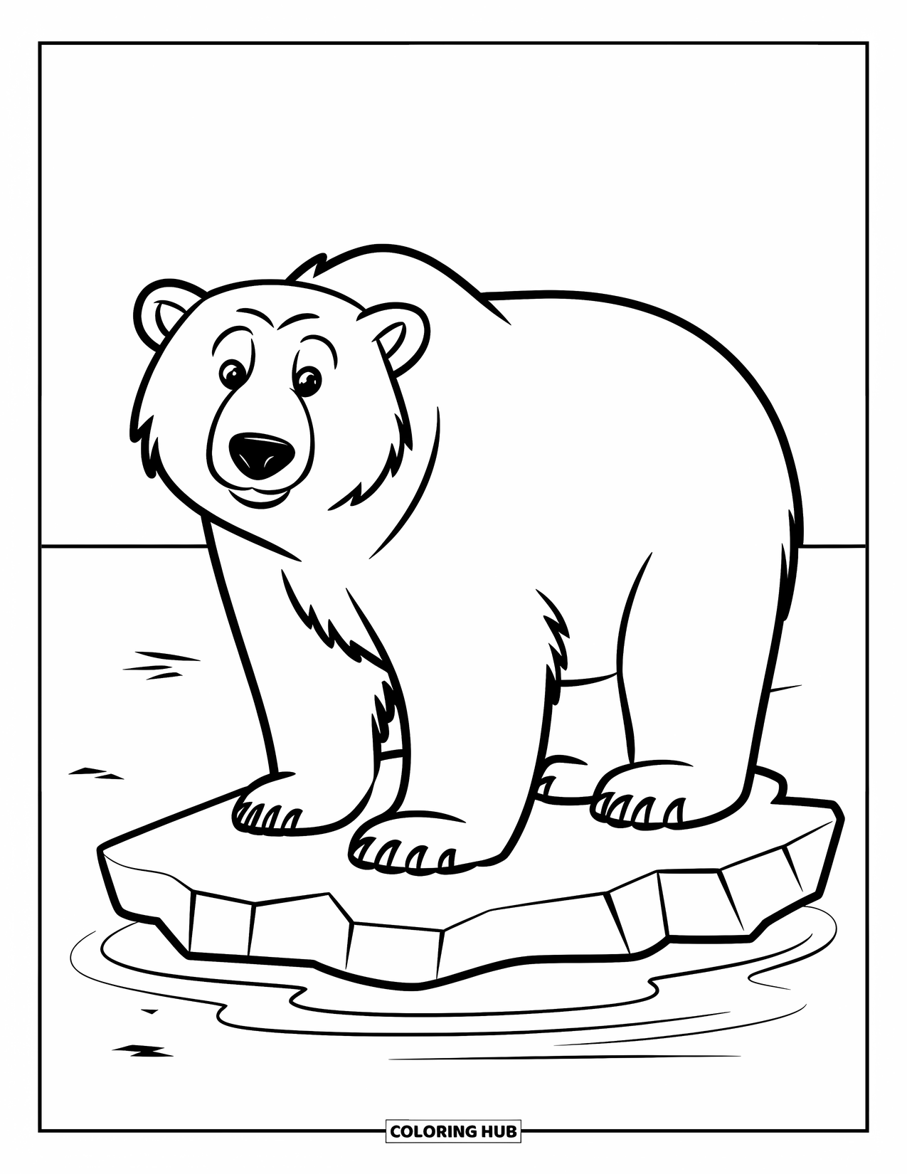 Arctic Animals Coloring Page for Kids: A polar bear stands on a small iceberg surrounded by snow