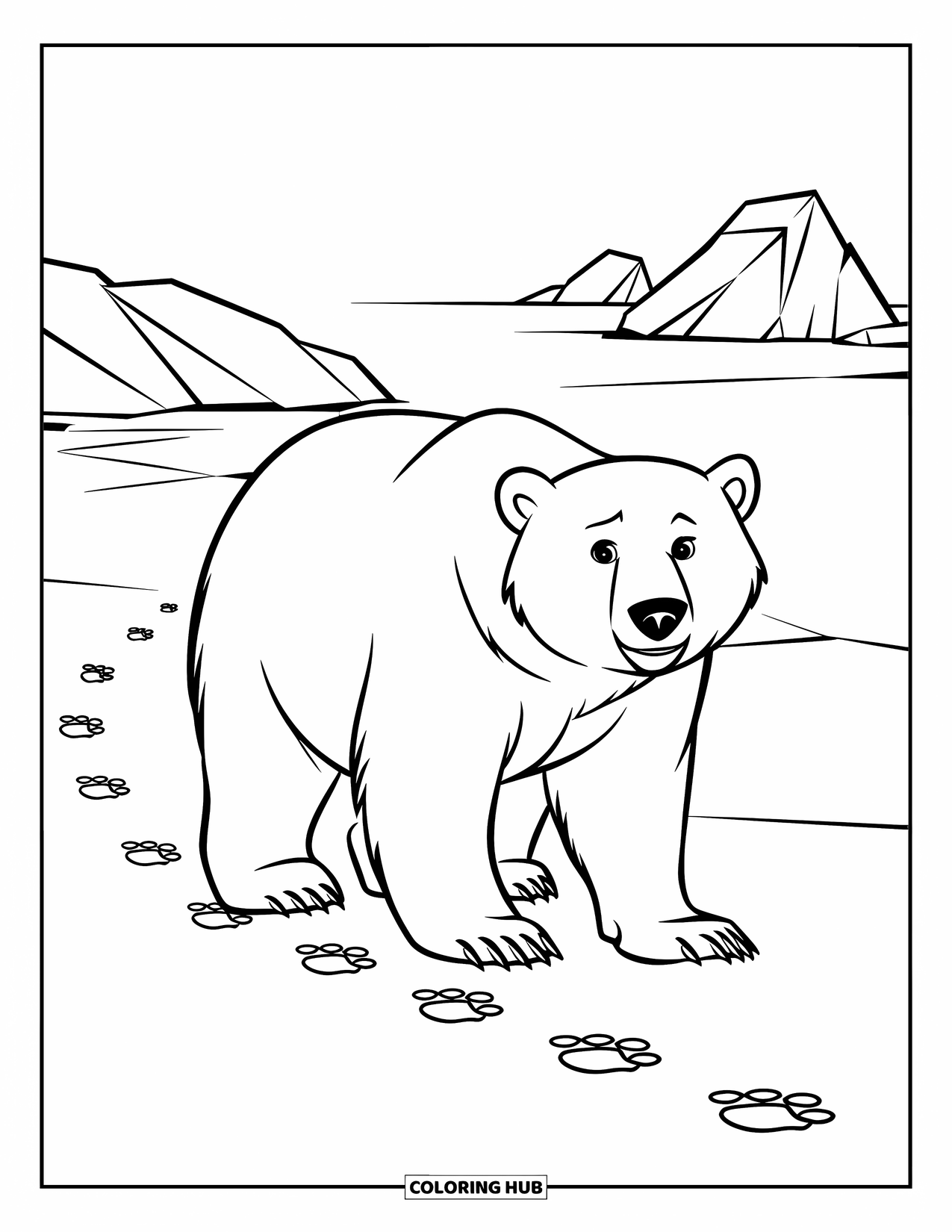 Arctic Animals Coloring Page for Kids: A polar bear walks slowly across the frozen tundra