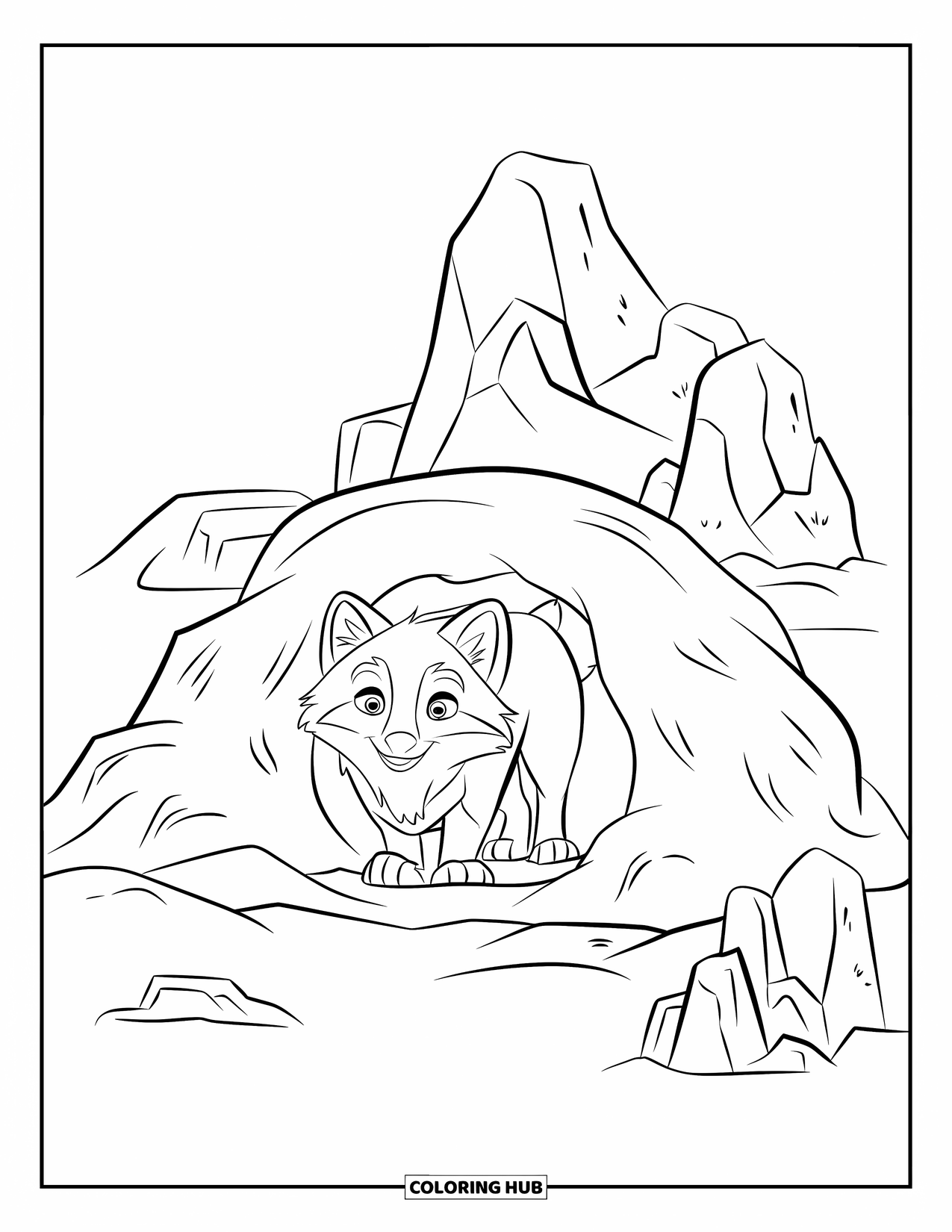 Arctic Animals Coloring Page for Kids: A small arctic fox peers from its icy den