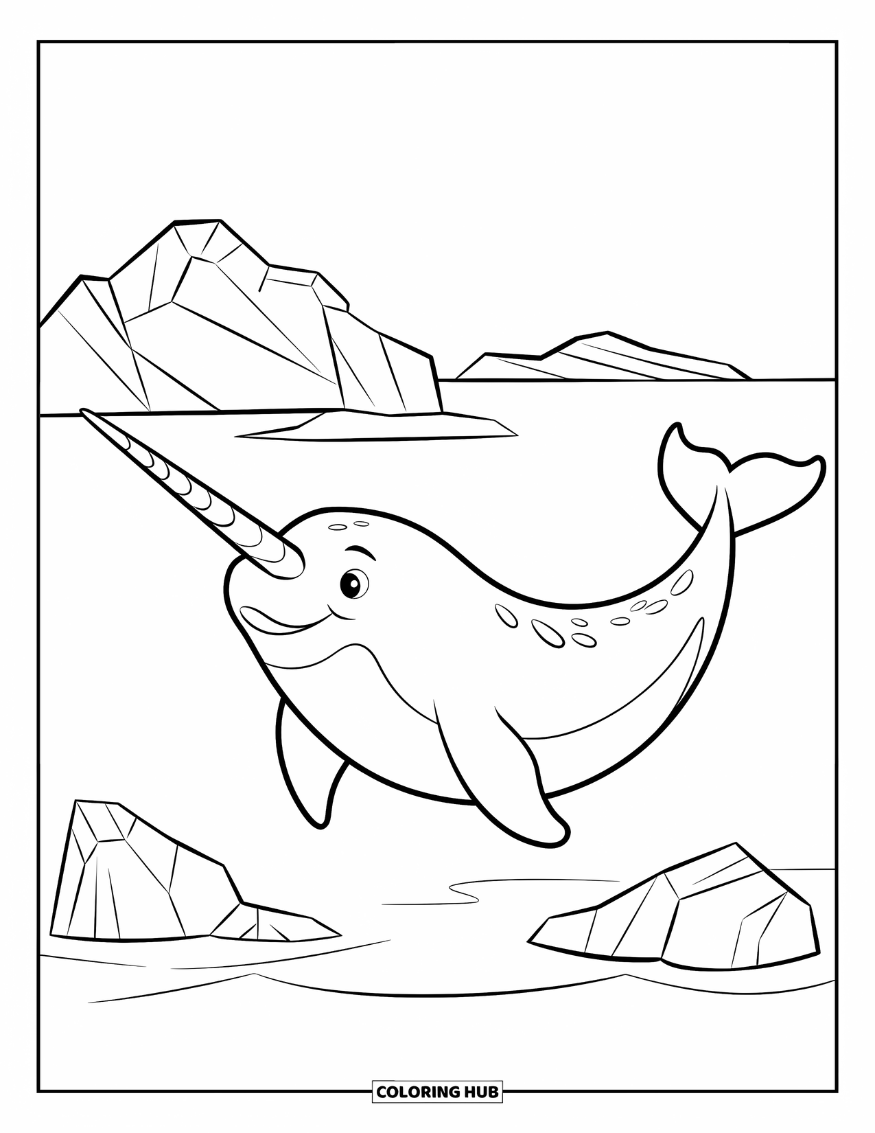 Arctic Animals Coloring Page for Kids: A smiling narwhal floats peacefully among icebergs