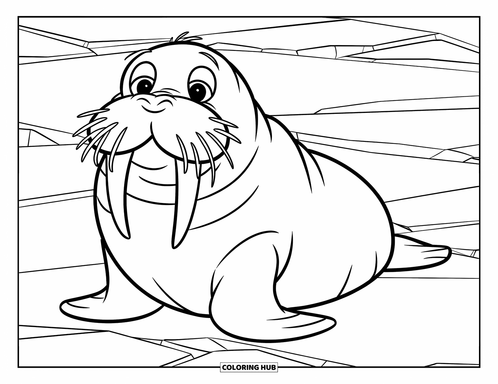 Arctic Animals Coloring Page for Kids: A smiling walrus rests on cracked ice under clear skies