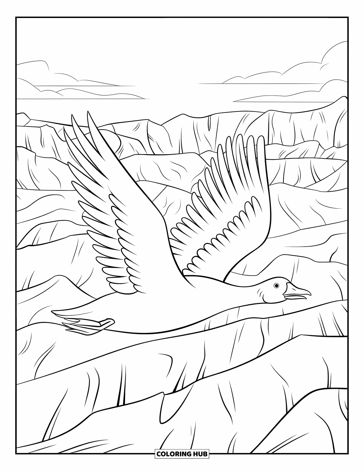 Arctic Animals Coloring Page for Kids: A snow goose soars over a glacier field of ridged ice