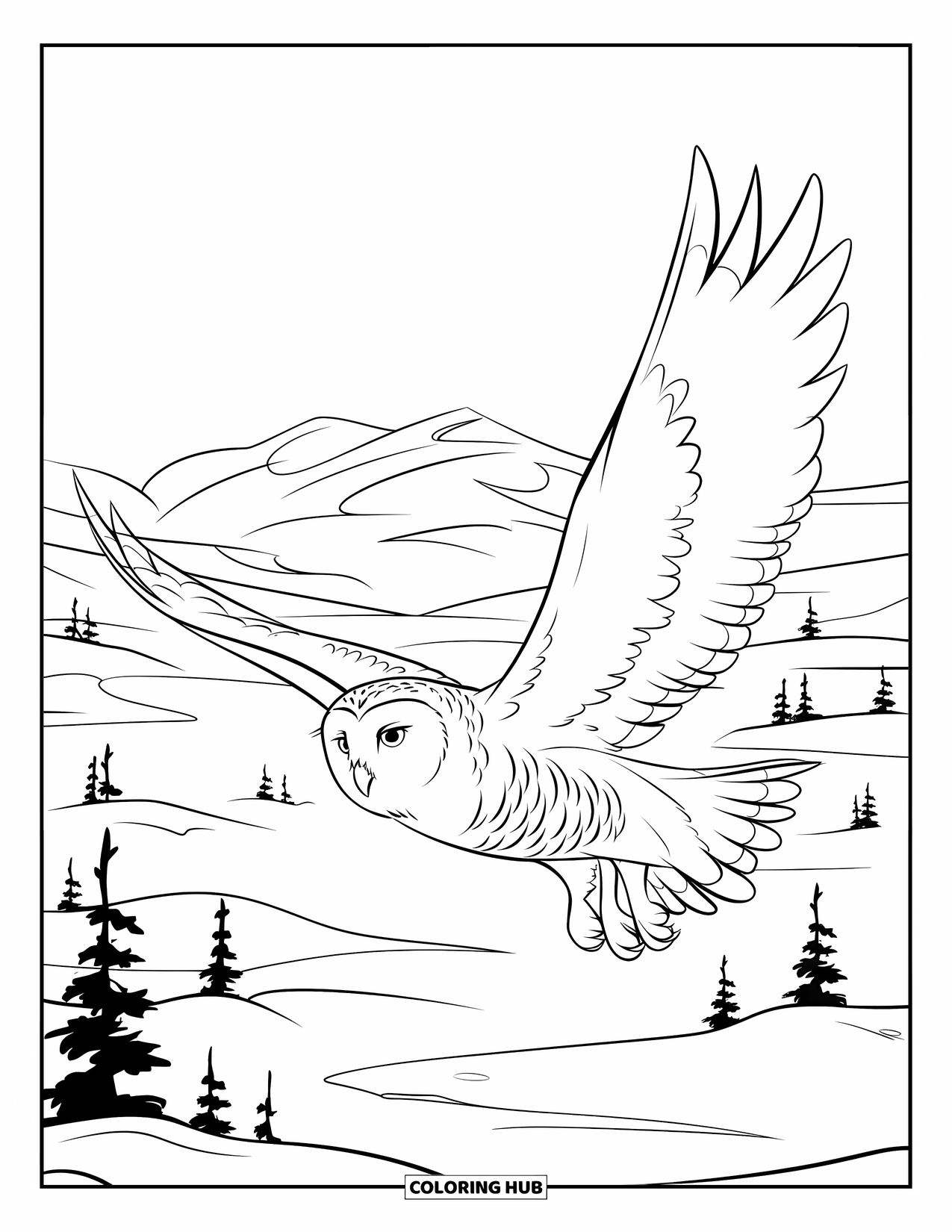 Arctic Animals Coloring Page for Kids: A snowy owl glides near the ground above frosted trees