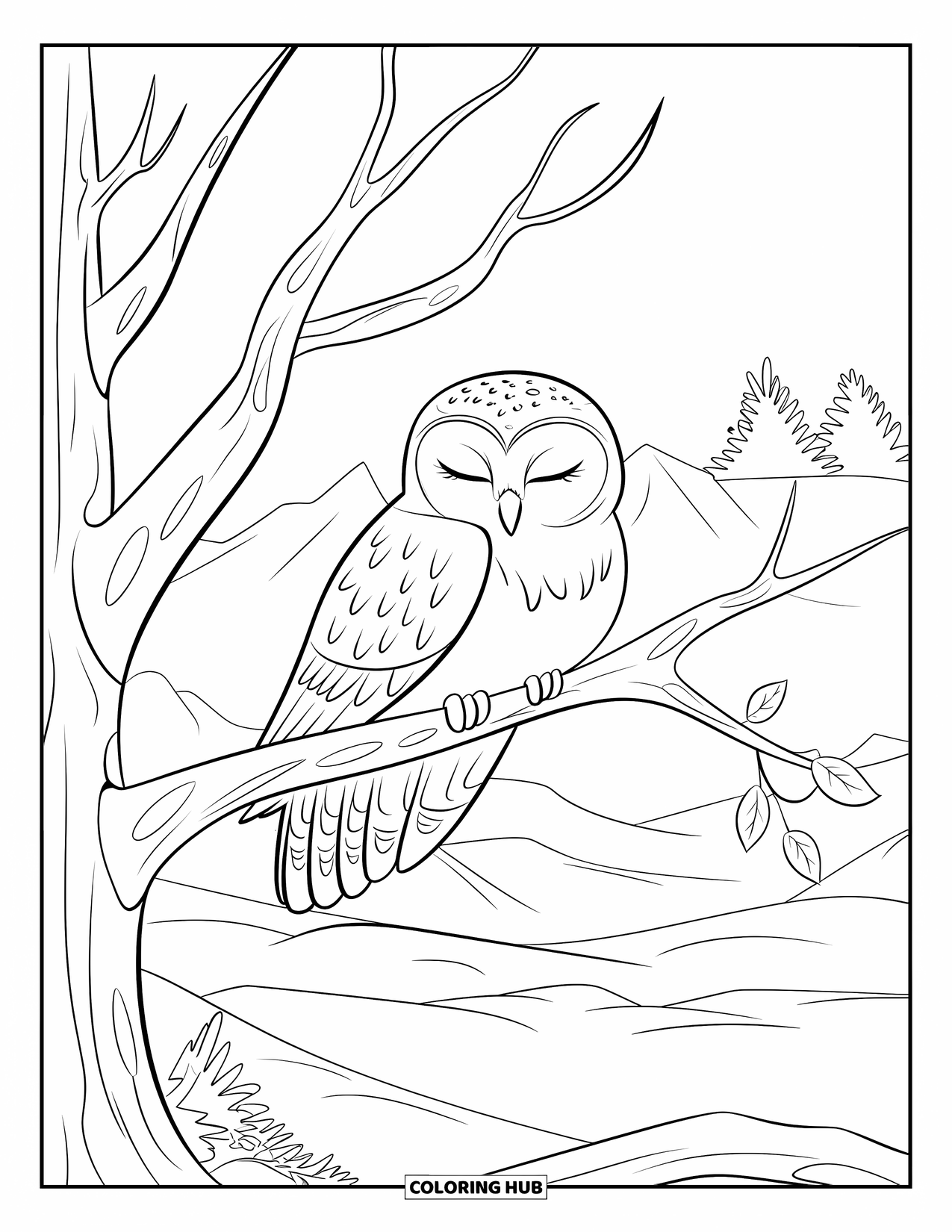Arctic Animals Coloring Page for Kids: A snowy owl spreads its wings above a quiet snowy forest