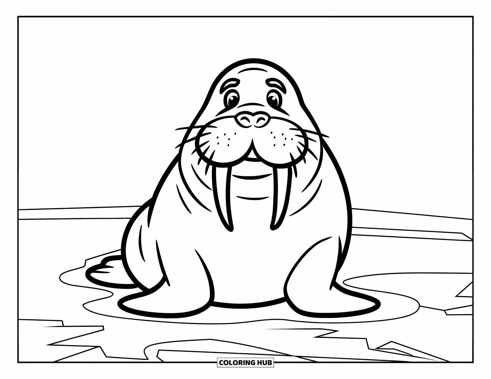 Arctic Animals Coloring Page for Kids: A walrus sits contently on smooth Arctic ice