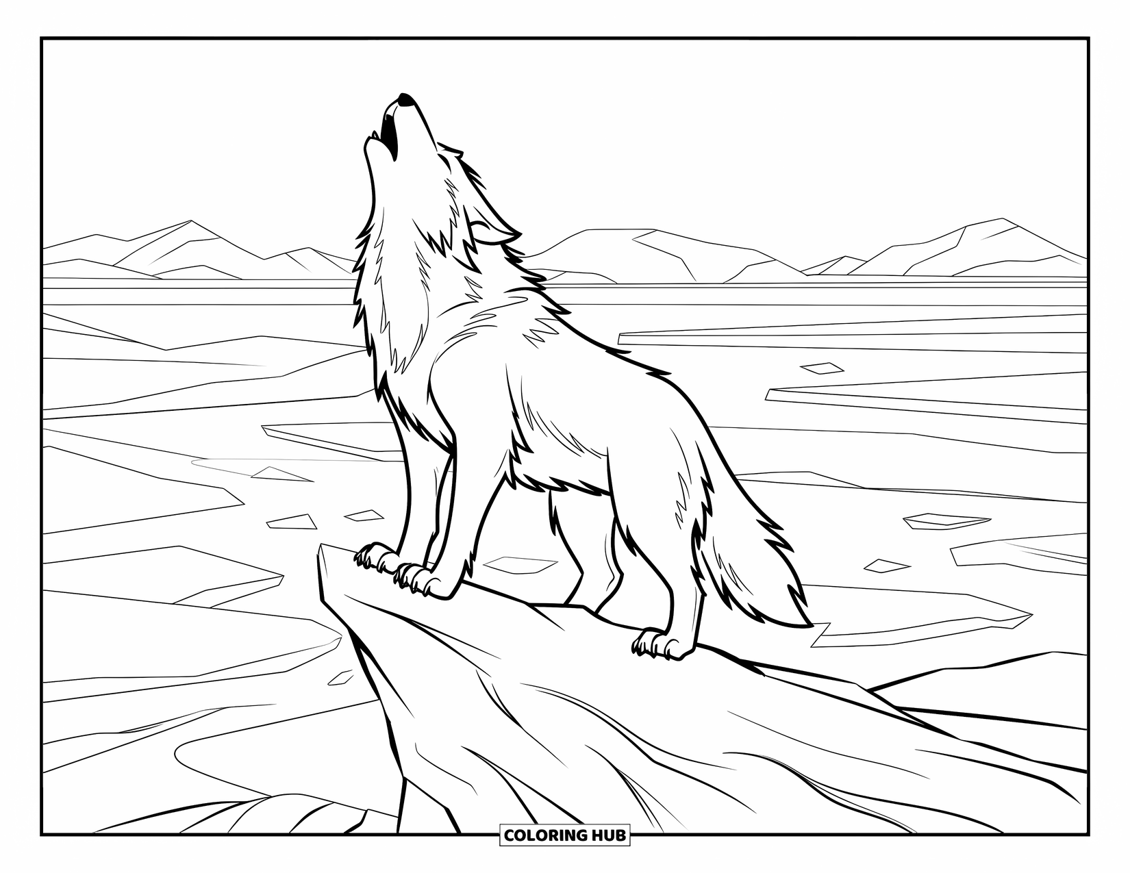 Arctic Animals Coloring Page for Kids: A white arctic wolf howls on an ice ridge beneath distant peaks