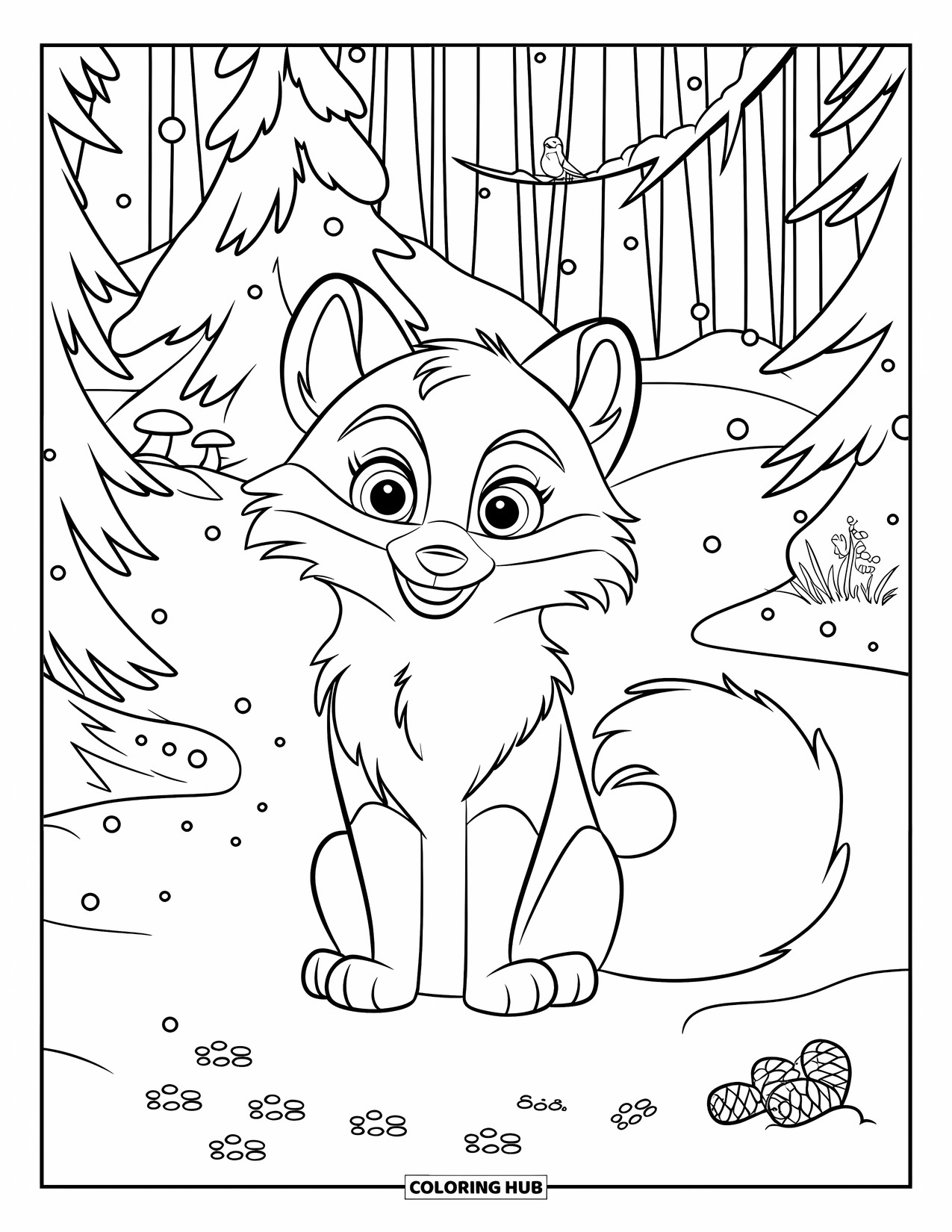Arctic Animals Coloring Page for Kids: An arctic fox sits peacefully under snow-covered pines