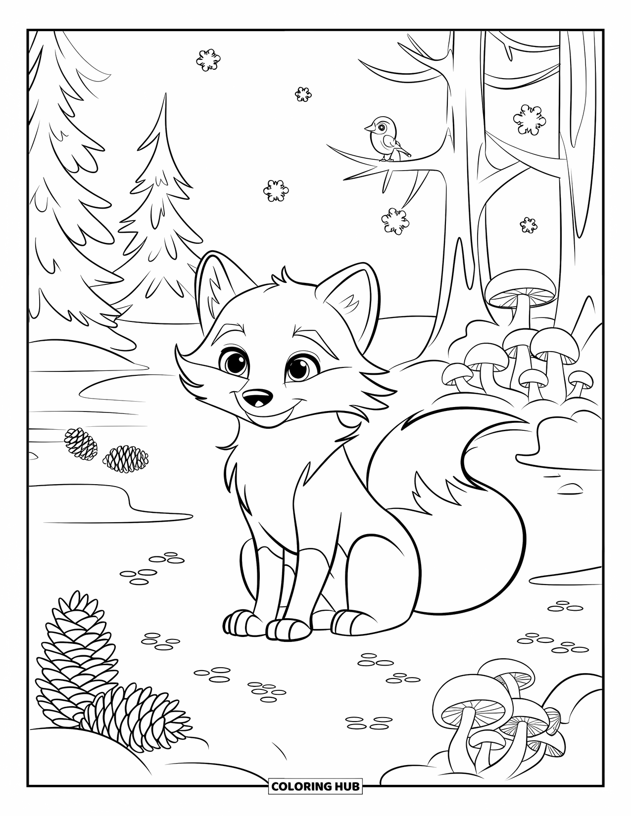 Arctic Animals Coloring Page for Kids: An arctic fox sits quietly as snowflakes drift through the forest