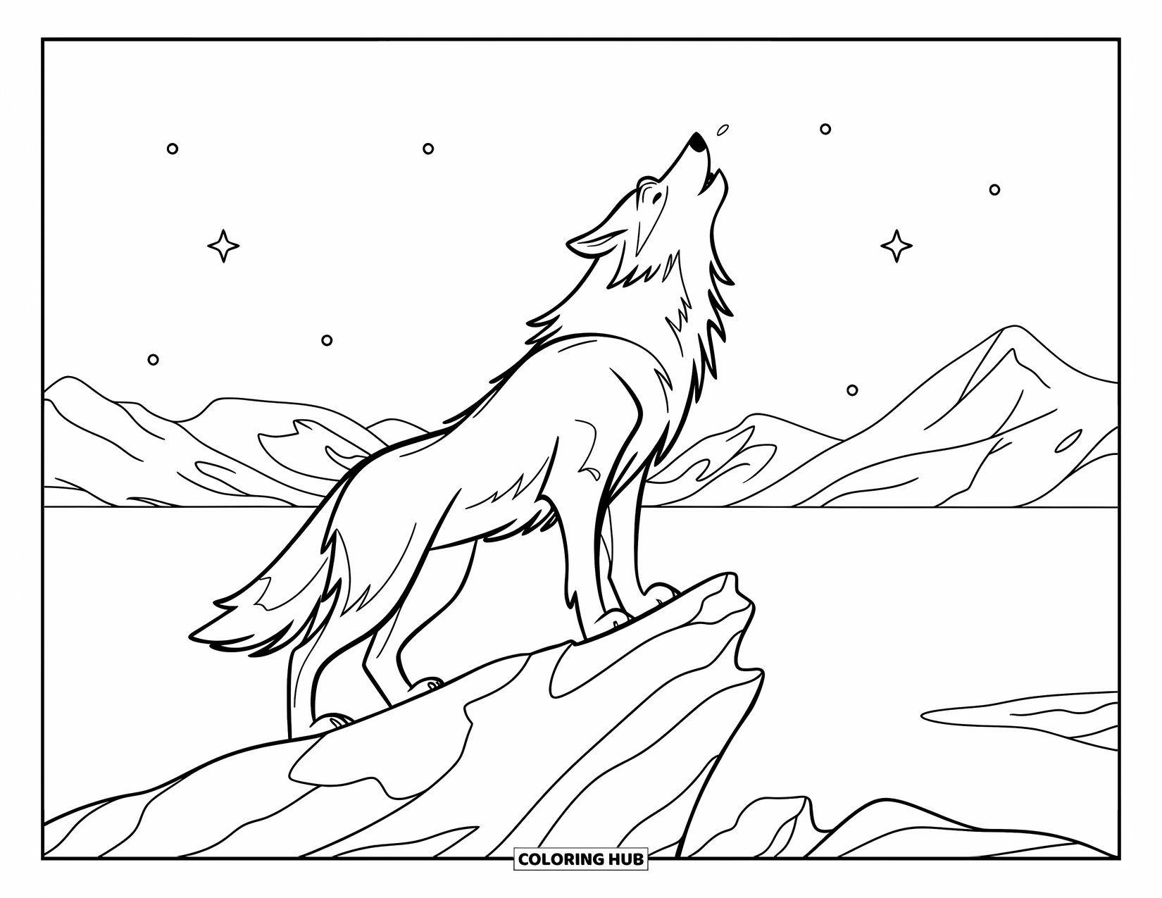 Arctic Animals Coloring Page for Kids: An arctic wolf howls on a rocky ridge beneath a starry tundra sky